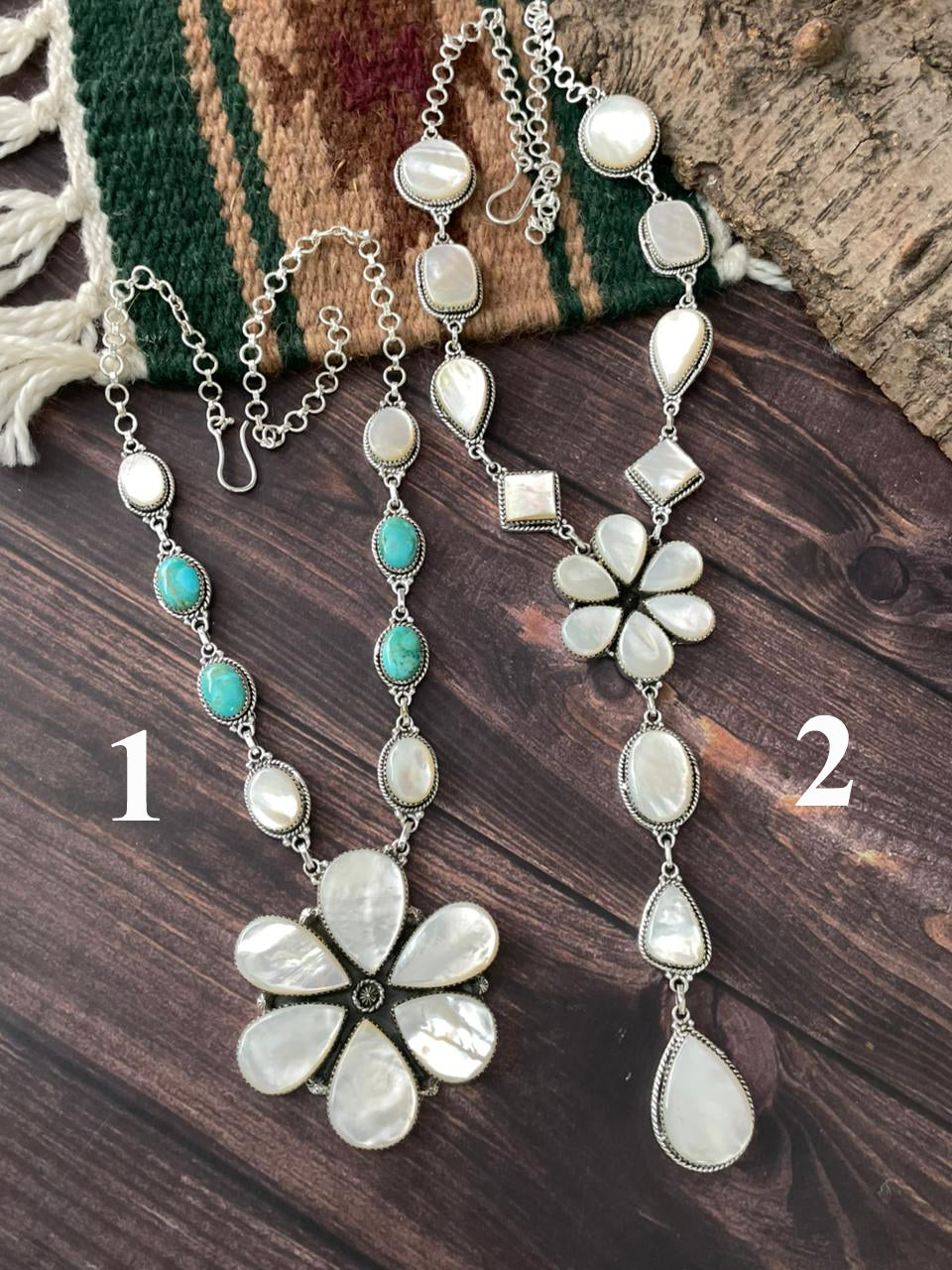 Handmade Sterling Silver Wedding Collection: Mother of Pearl with Kingman Turquoise Necklace "Signed Nizhoni"
