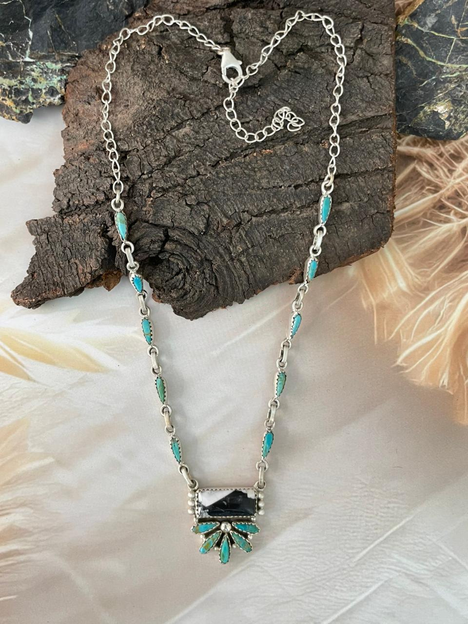 Handmade Sterling Silver Kingman Turquoise with White Buffalo Necklace "Signed Nizhoni"