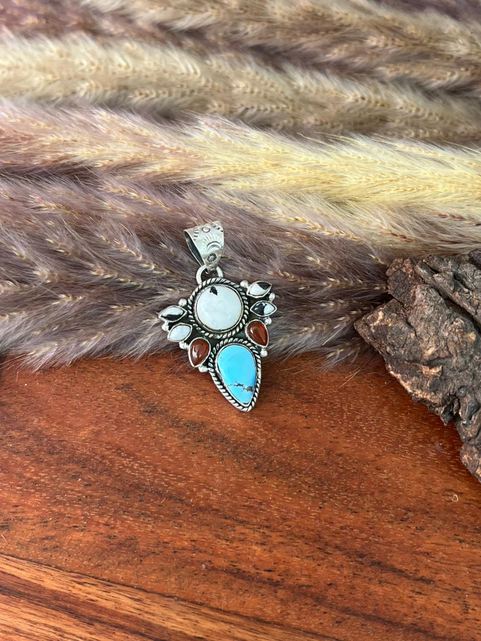 Handmade Sterling Silver Canyon Sunset Collection: Golden Hills Turquoise with White Buffalo and Carnelian Pendant "Signed Nizhoni"