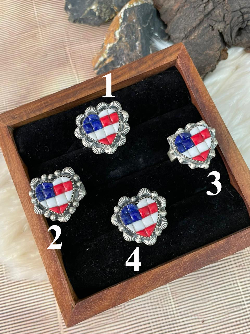 Handmade Sterling Silver 4th Of July Collection: Rosarita with Lapis and White Buffalo Heart Adjustable Ring "Signed Nizhoni"