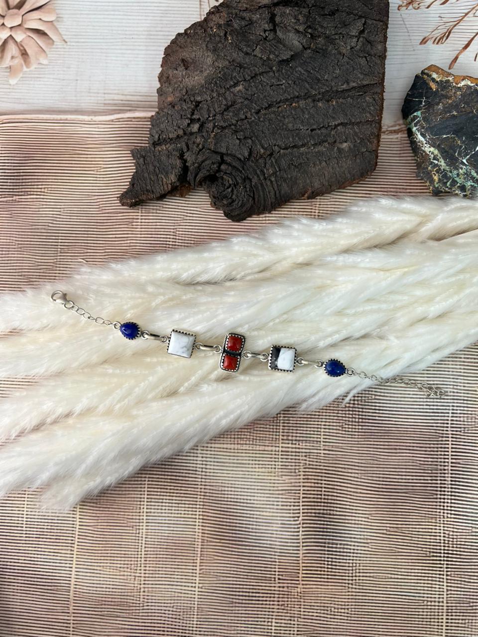 Handmade Sterling Silver 4th Of July Collection: Coral with Lapis and White Buffalo Bracelet "Signed Nizhoni"