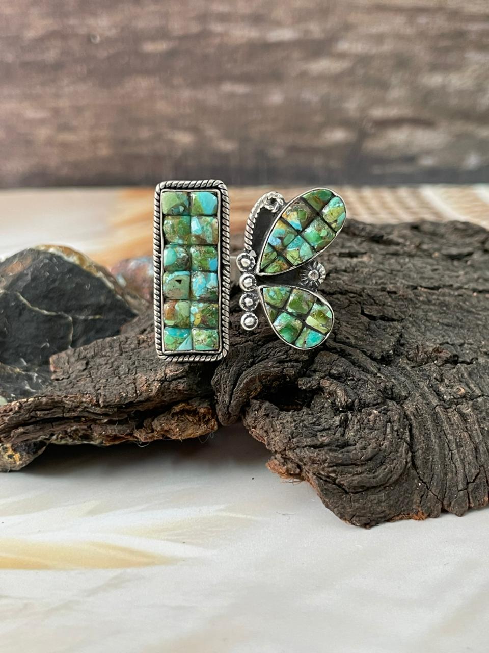Handmade Sterling Silver Sonoran Cobble Collection: Sonoran Mountain Turquoise Butterfly Adjustable Ring "Signed Nizhoni"