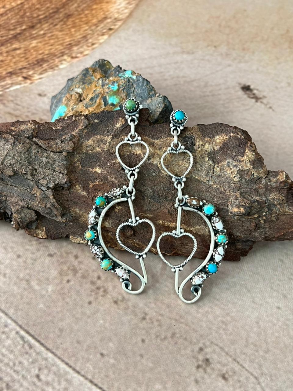 Handmade Sterling Silver Mama Collection: Wild horse Magnesite with Kingman Turquoise Post Dangle Earrings "Signed Nizhoni"