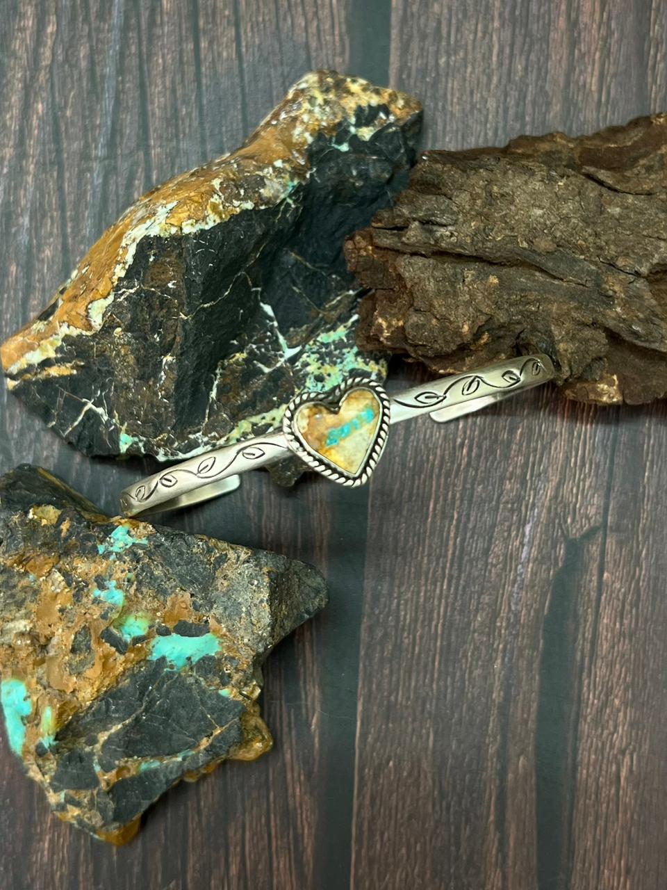 Handmade Sterling Silver Royston Ribbon Turquoise Heart Cuff Bracelet "Signed Nizhoni"