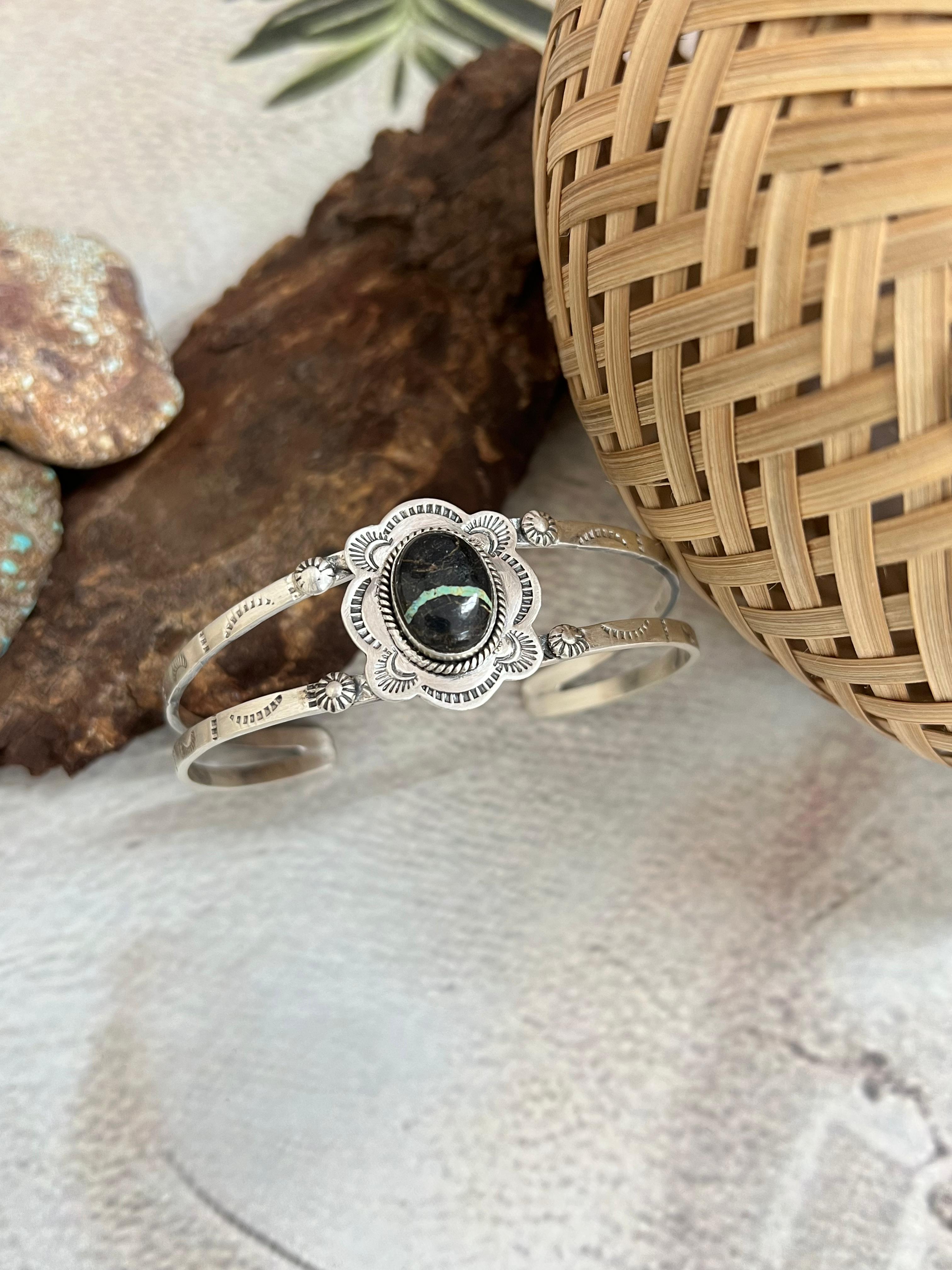 Handmade Sterling Silver Blackjack Cuff Bracelet with Signed Nizhoni