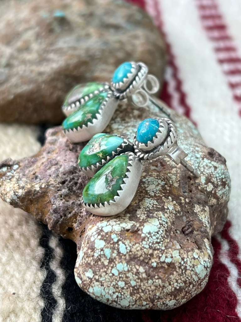 Handmade Sterling Silver Sonoran Mountain Turquoise with White Water Turquoise Post Studs, Signed Nizhoni