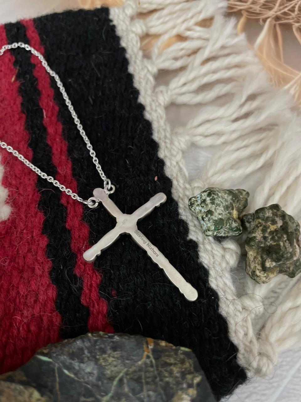 Handmade Sterling Silver Kingman Turquoise Cross Necklace "Signed Nizhoni"
