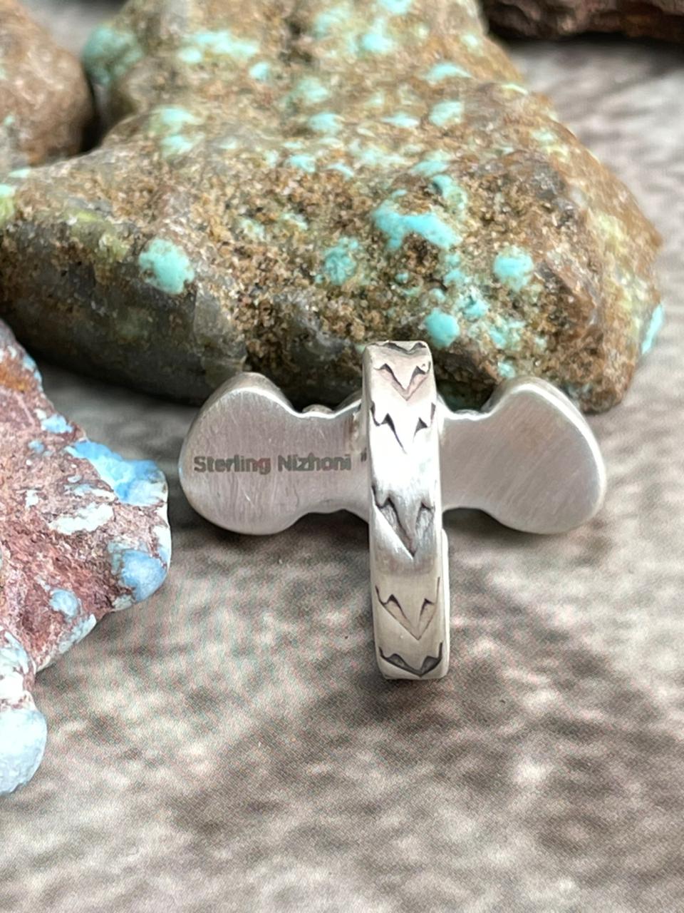 Handmade Sterling Silver Kingman Turquoise Adjustable Ring with Signed Nizhoni