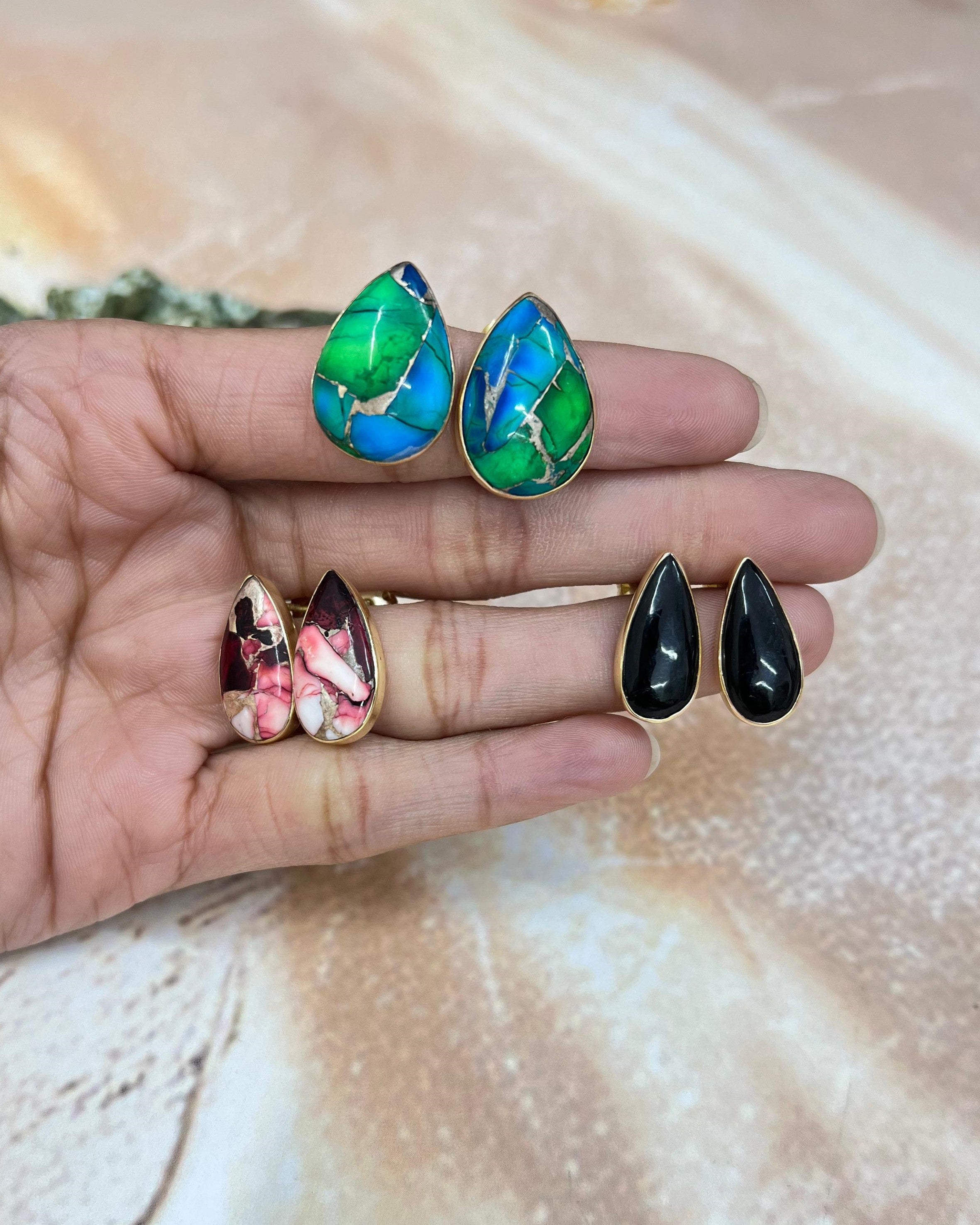 “The Golden Collection” Handmade Natural Black Onyx, Dahlia Rose, Peacock Dahlia Post Earrings