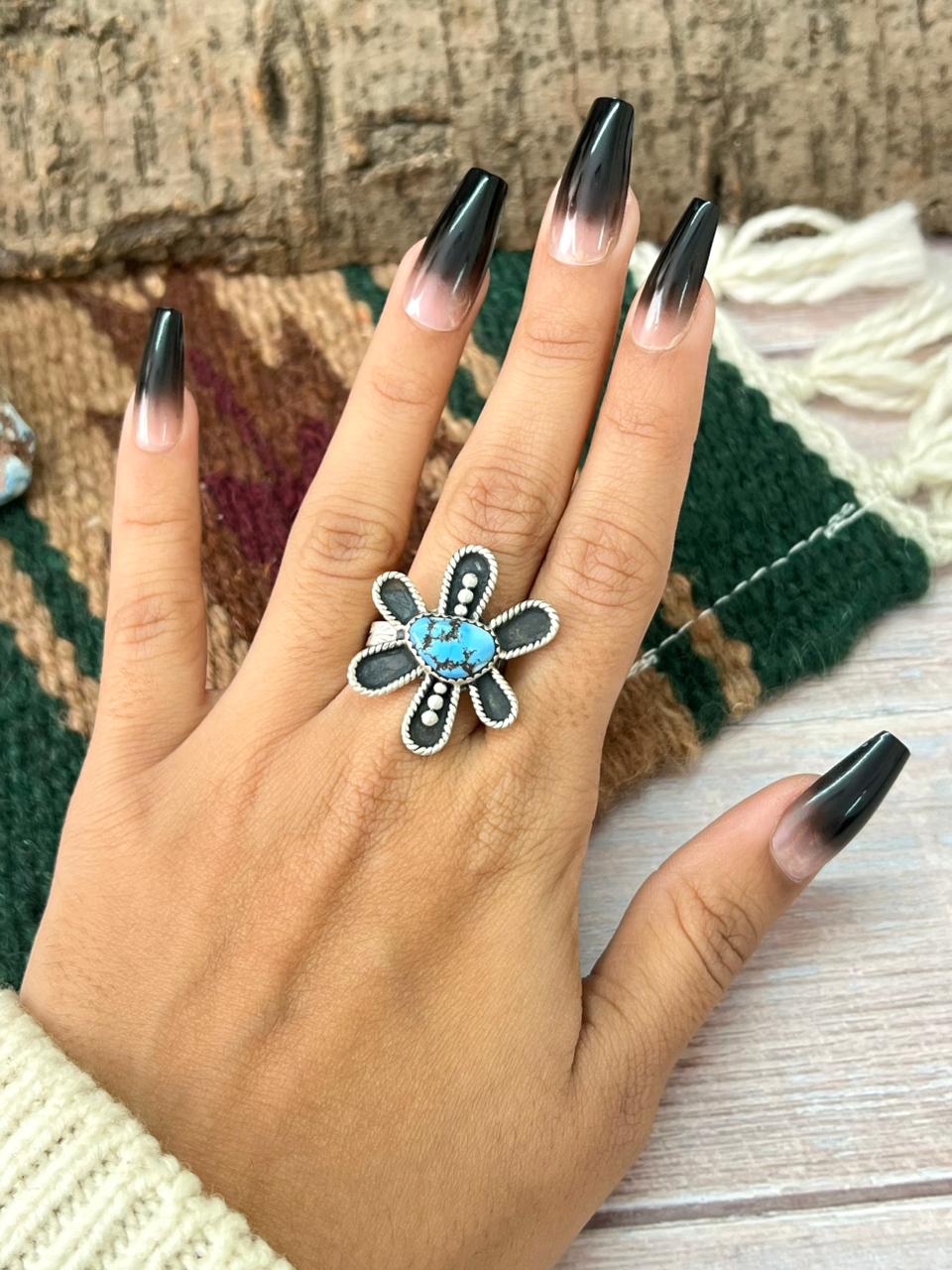 Handmade Sterling Silver Golden Hills Turquoise Adjustable Ring "Signed Nizhoni"