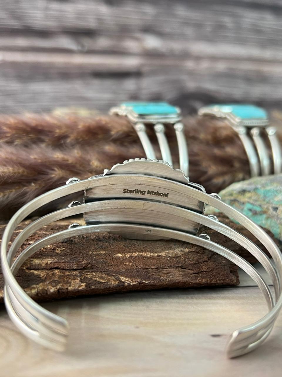 Handmade Sterling Silver Green Kingman Turquoise Collection: Cuff Bracelet Signed Nizhoni