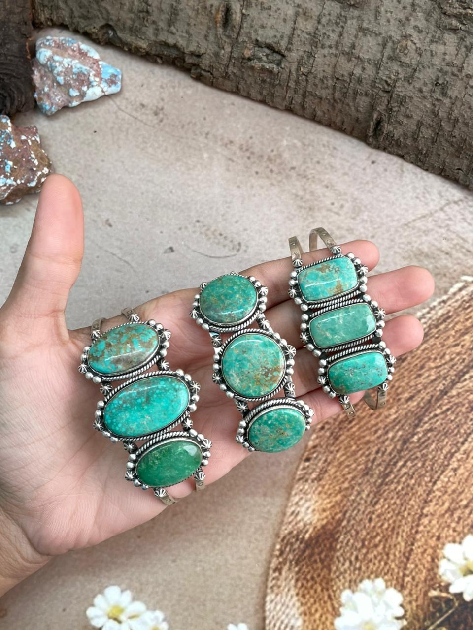 Handmade Sterling Silver Mantis Turquoise Cuff Bracelet with Signed Nizhoni