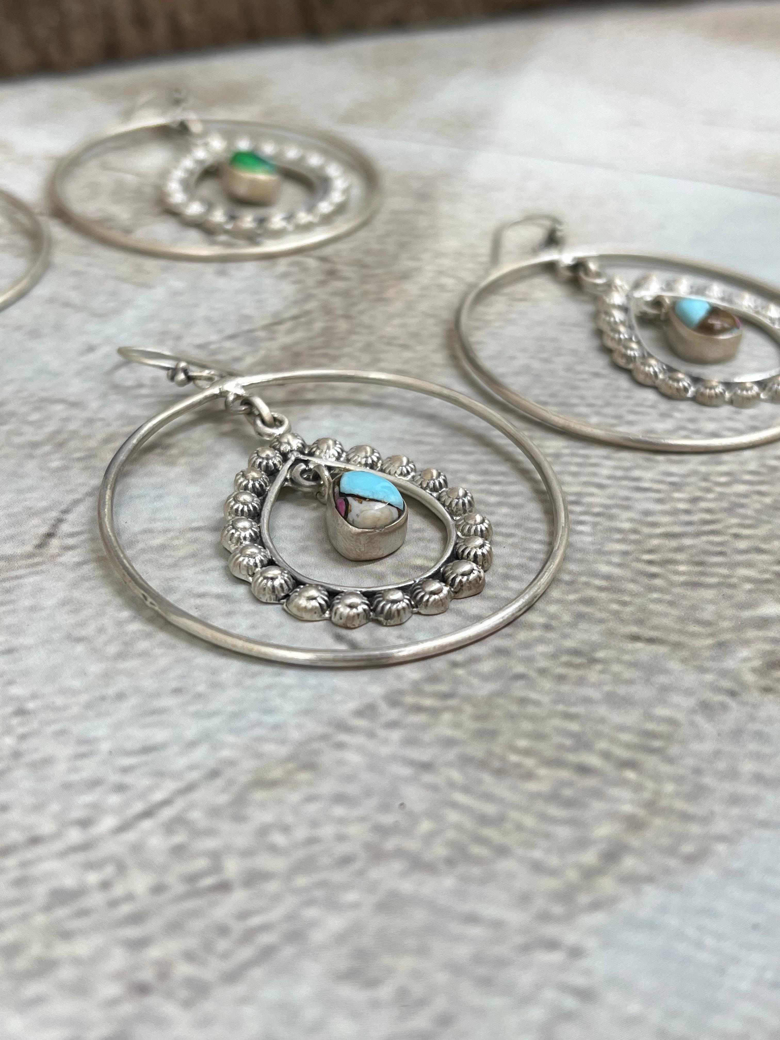 Handmade Sterling Silver Peacock Dahlia, Cotton Candy Turquoise Hoop Earrings with Signed Nizhoni (5)