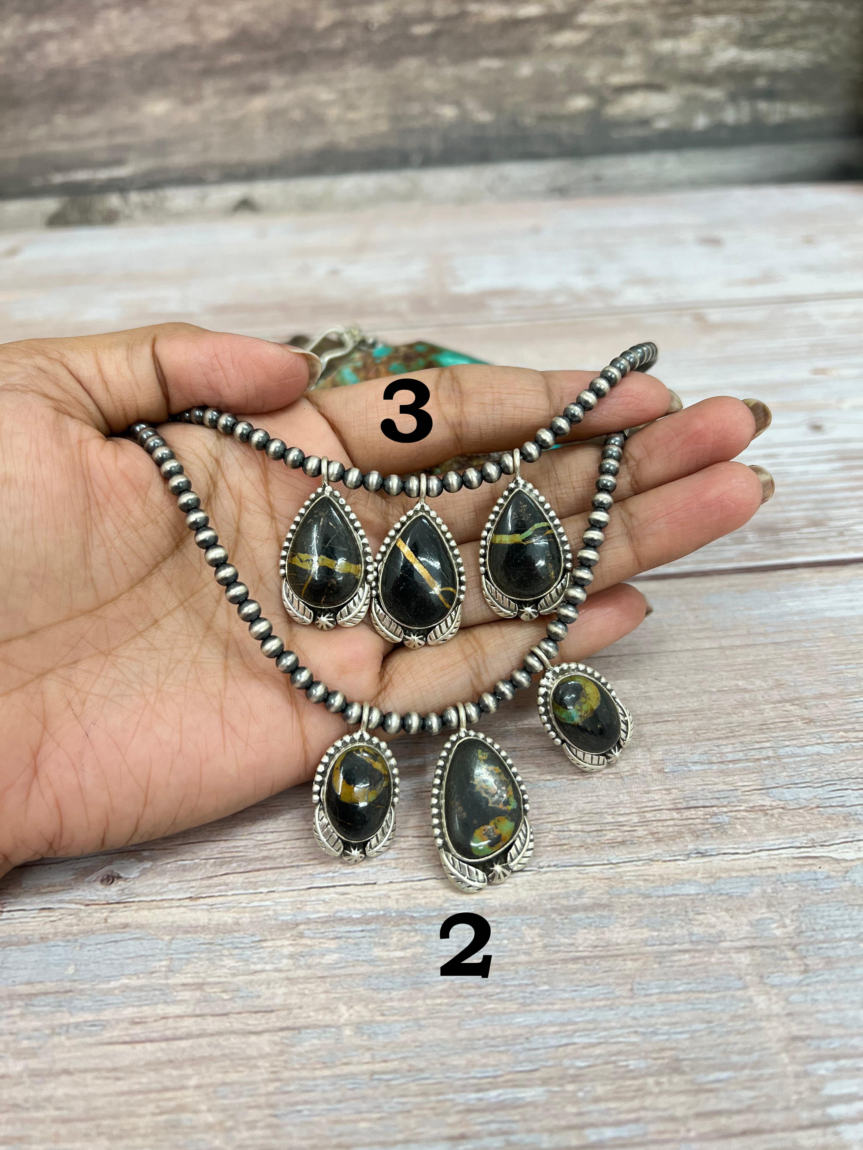 Handmade Sterling Silver Blackjack Turquoise Beaded Necklace with Signed Nizhoni