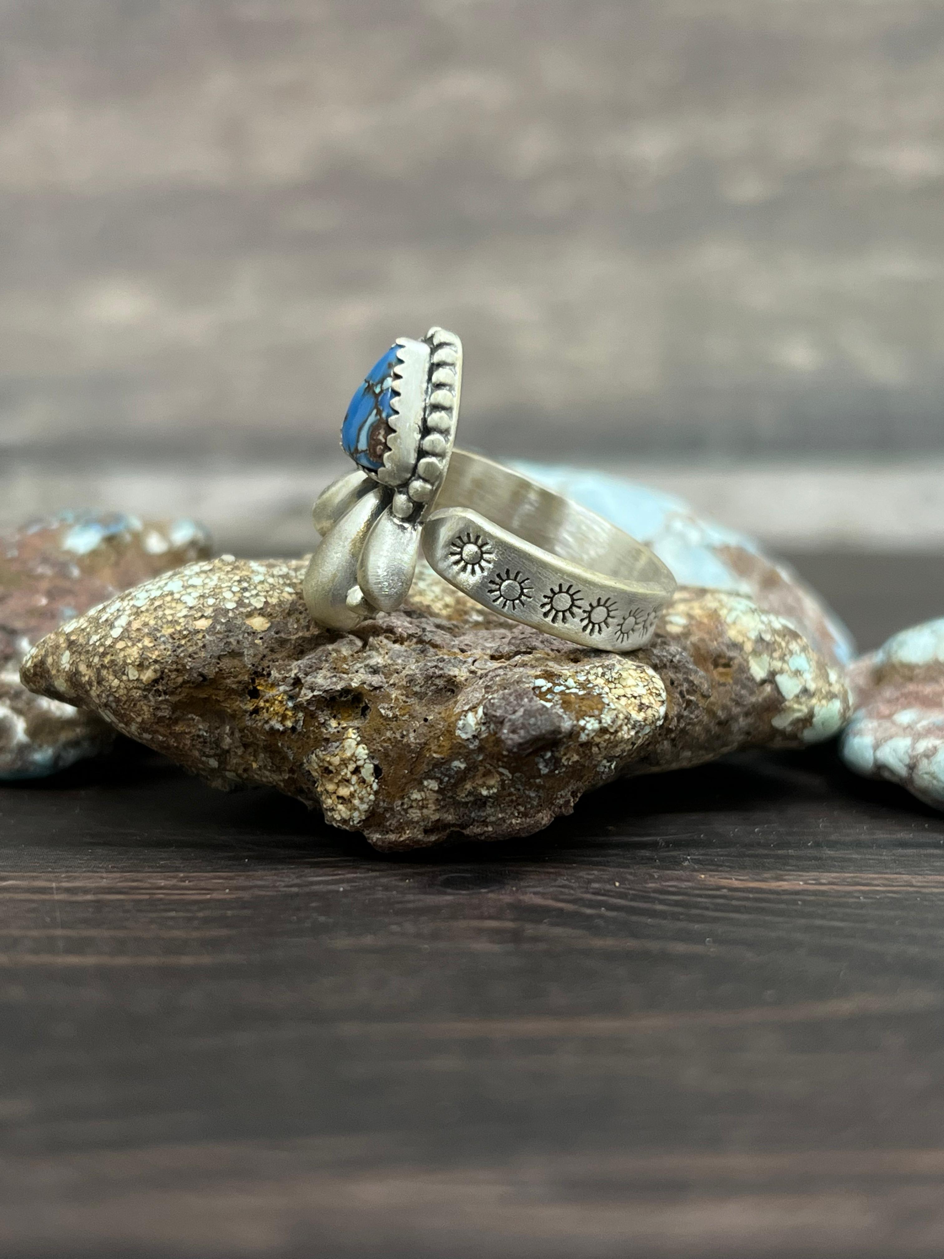 Handmade Sterling Silver with Golden Hills Turquoise Adjustable Ring With Signed Nizhoni