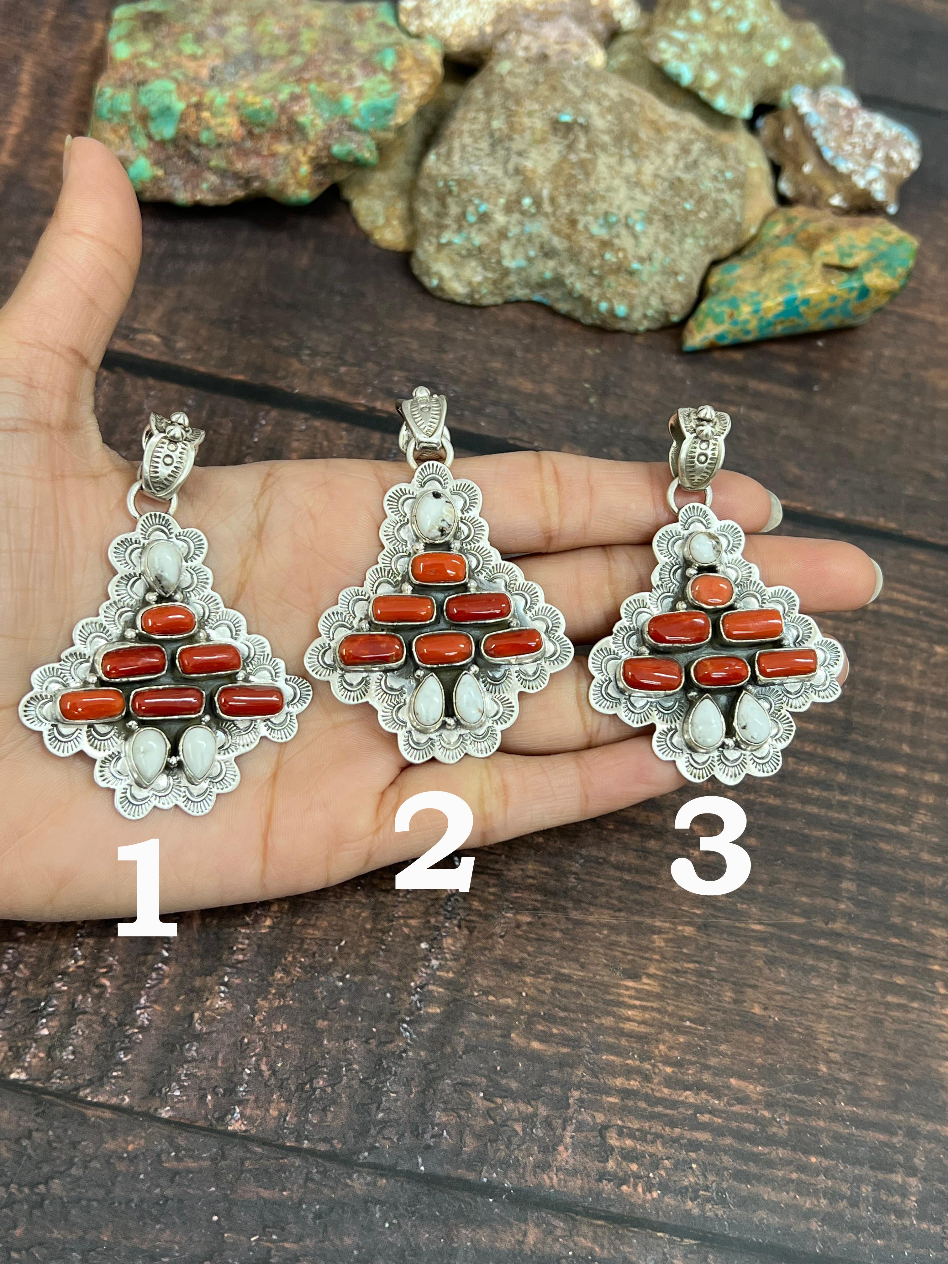 Handmade Sterling Silver Coral with White Buffalo Turquoise Pendant, Signed Nizhoni