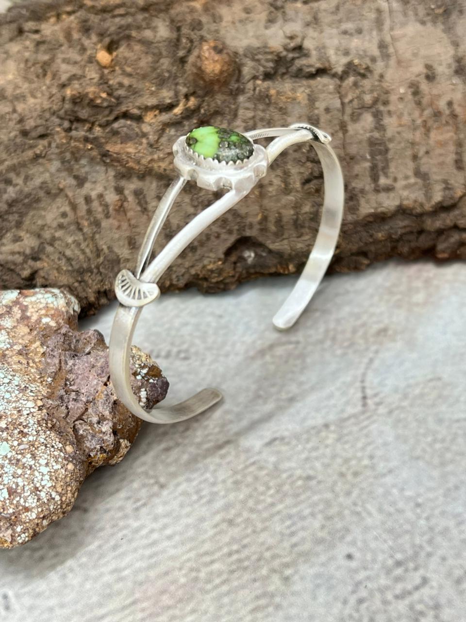 Handmade Sterling Silver Sonoran Mountain Turquoise Cuff Bracelet with Signed Nizhoni