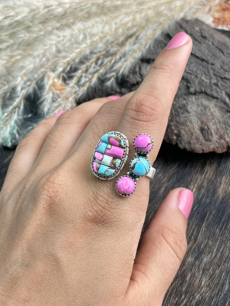 Handmade Sterling Silver 'Cotton Candy Cobble Collection' Adjustable Ring "Signed Nizhoni"