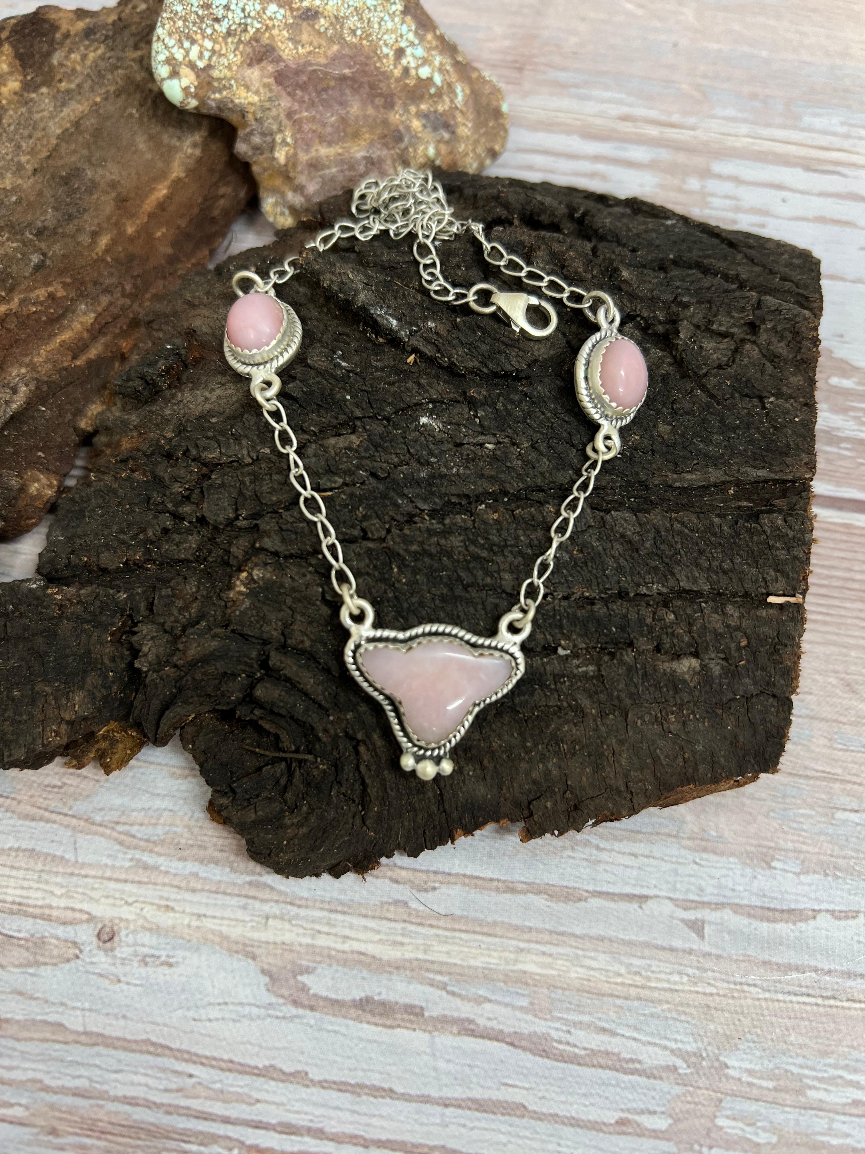 Handmade Sterling Silver Pink Opal Necklace with Signed Nizhoni