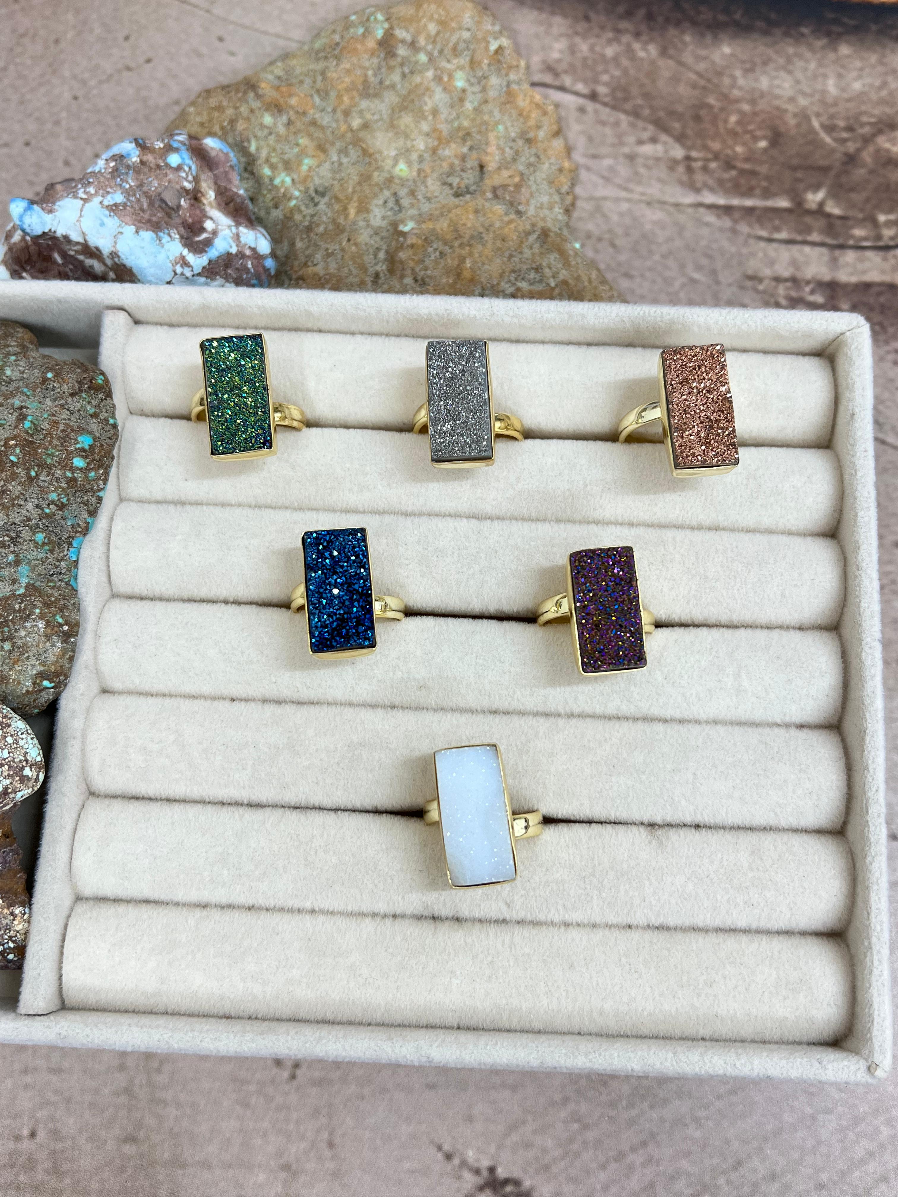 “The Boho Collection” Handmade Natural Druzy Adjustable Baguette Ring- 6 Colors