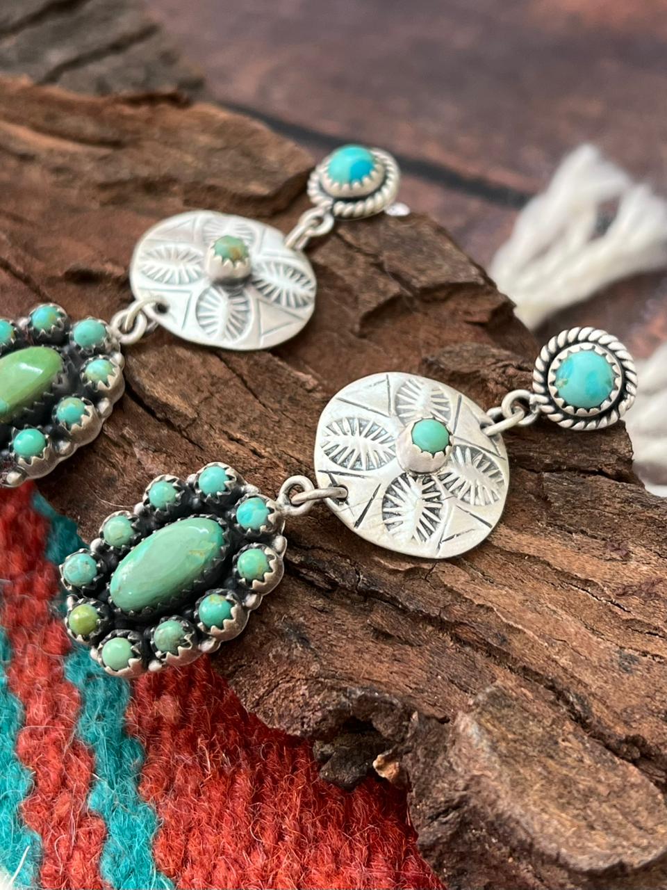 Handmade Sterling Silver Kingman Turquoise Post Dangle Earrings "Signed Nizhoni"