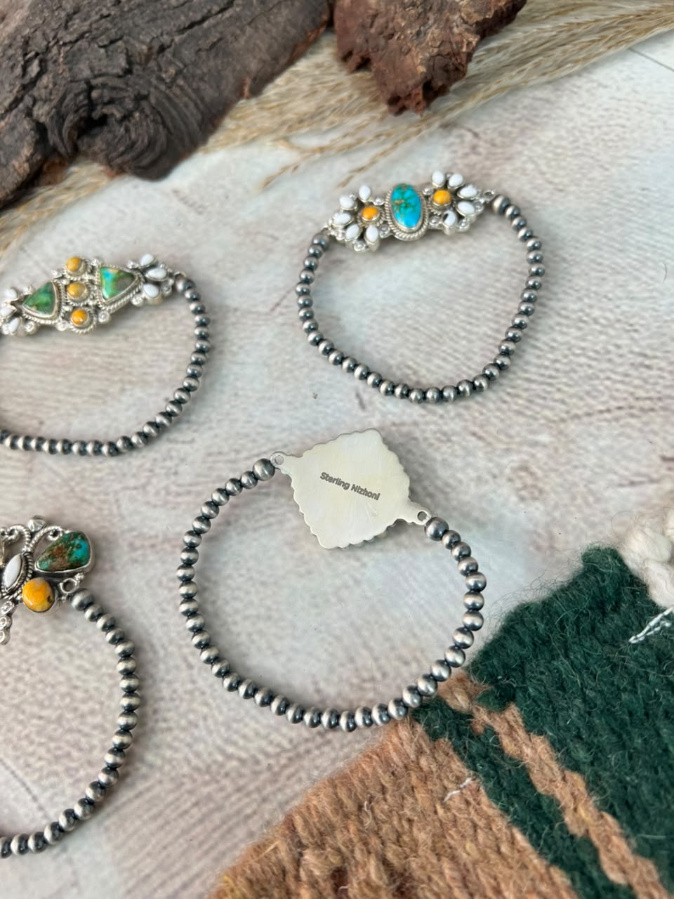 Handmade Sterling Silver Sonoran Mountain Turquoise with Bumblebee and White Buffalo Spring Collection: Stretchy Beaded Bracelet Signed Nizhoni
