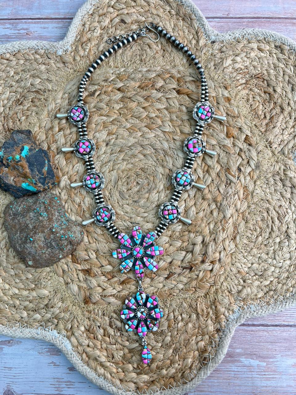 Handmade Sterling Silver Beaded Blossom Cotton Candy Necklace "Signed Nizhoni"