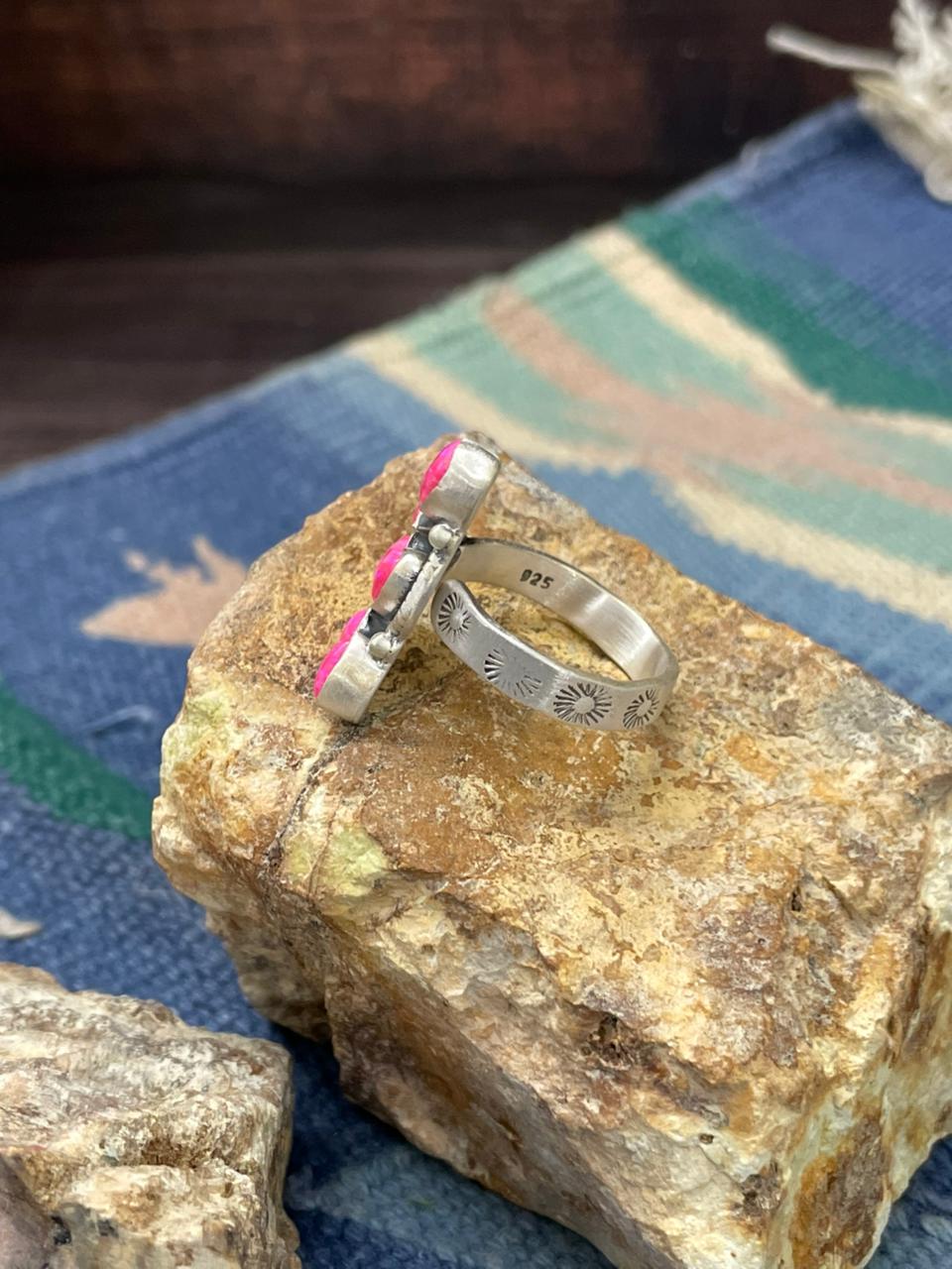 Handmade Sterling Silver Hot Pink Adjustable Ring " Signed Nizhoni"