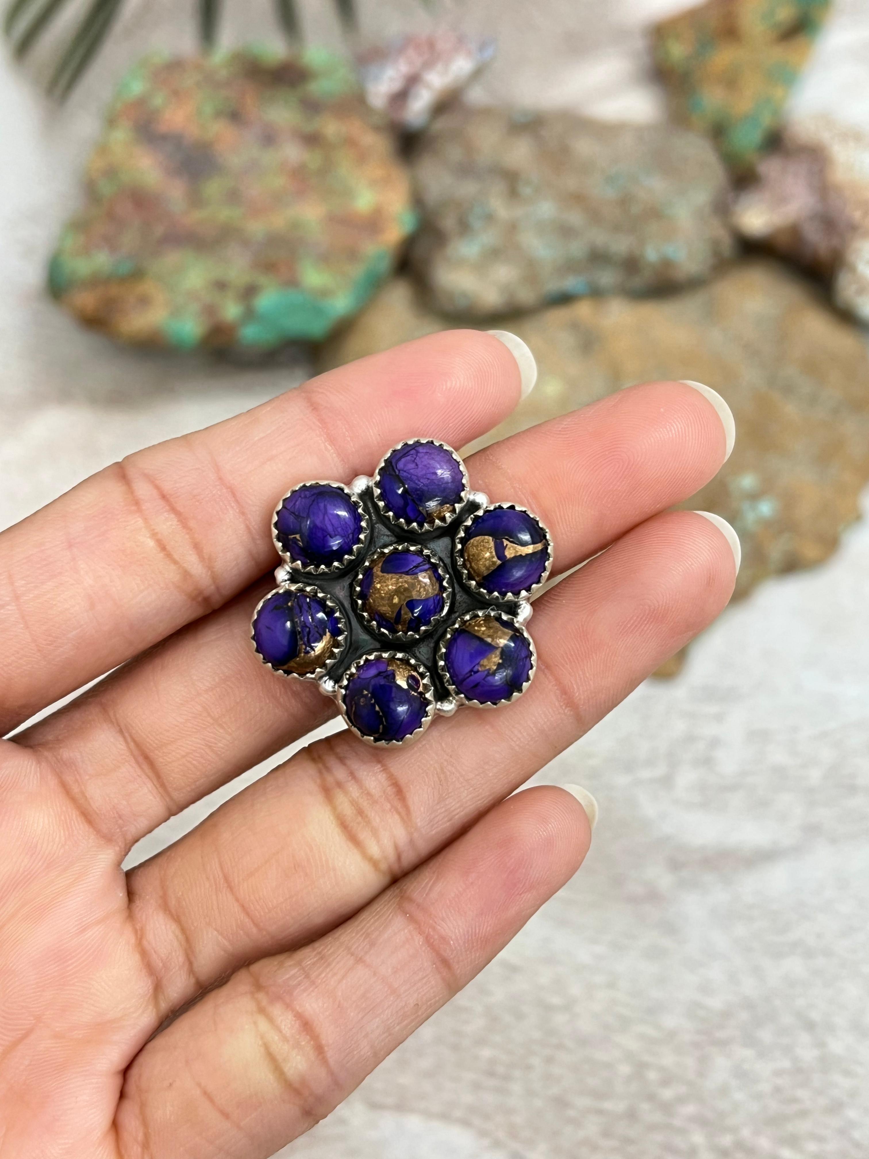 Handmade Sterling Silver Grape Dahlia Adjustable Ring with Signed Nizhoni