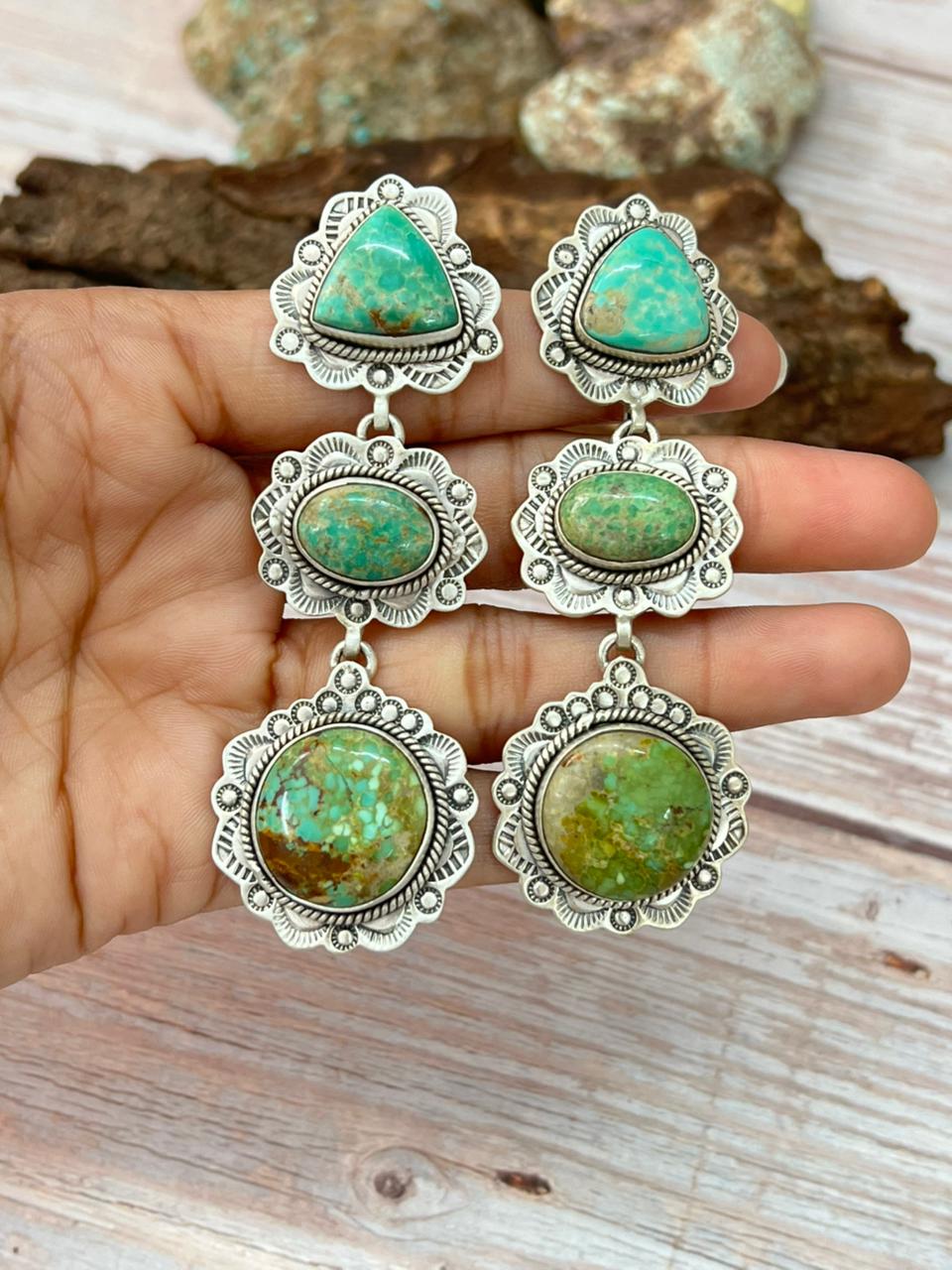 Handmade Sterling Silver Mantis Turquoise Post Dangle Earrings with Signed Nizhoni