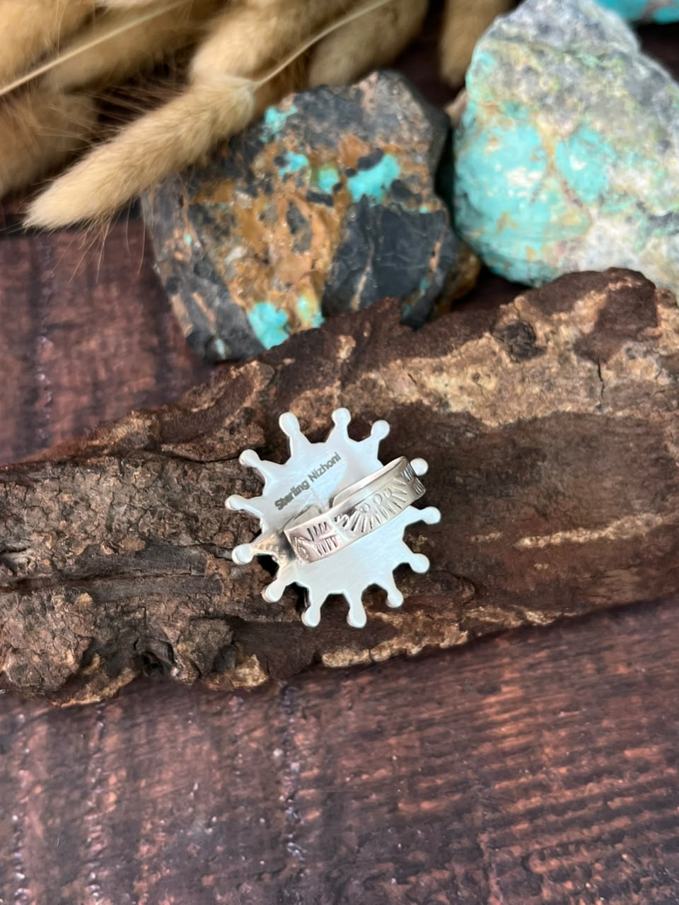 Handmade Sterling Silver White Buffalo with Kingman Turquoise Adjustable Ring Signed Nizhoni