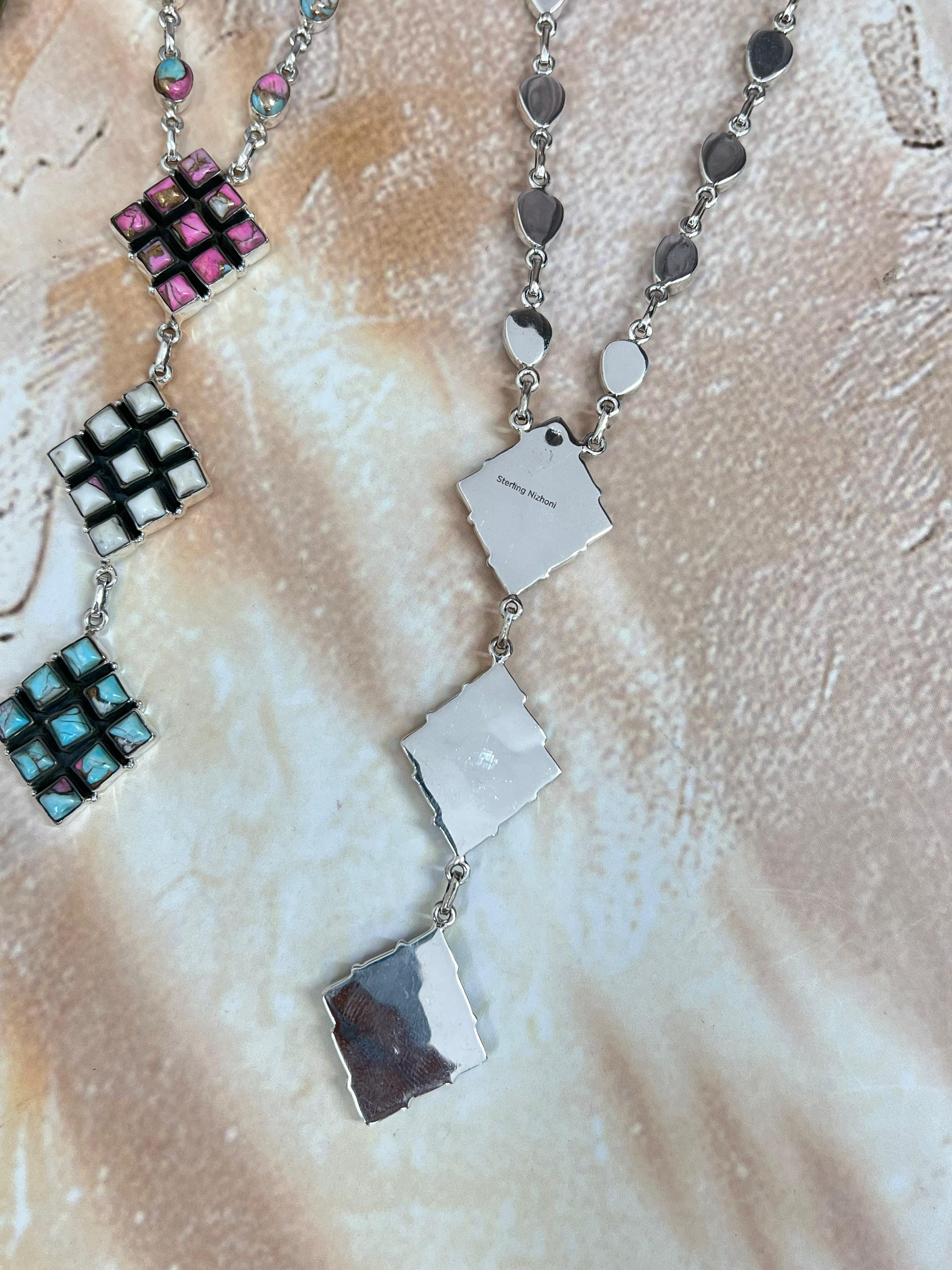 Handmade Sterling Silver Cotton Candy Turquoise Necklace with Signed Nizhoni