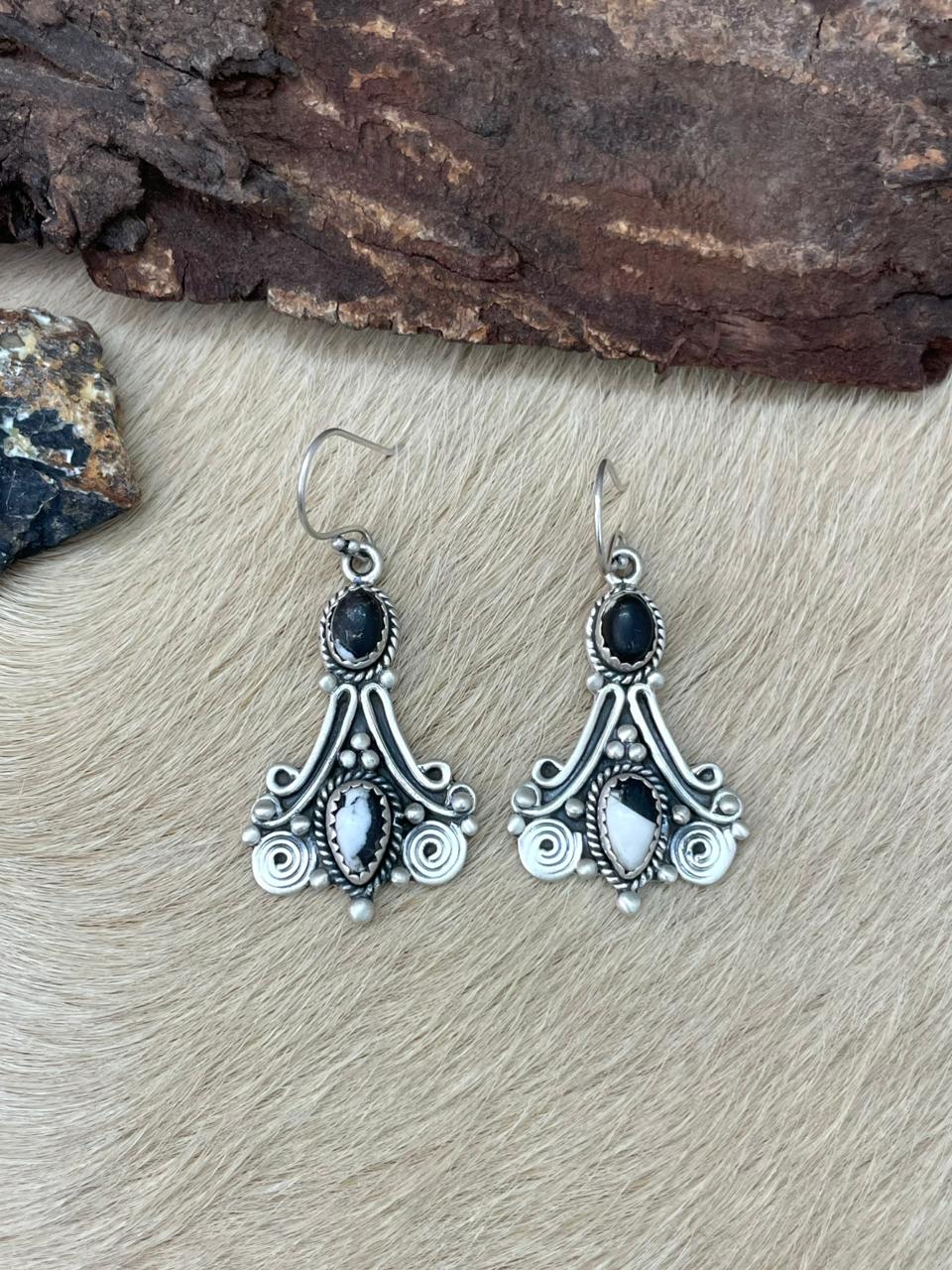 Handmade Sterling Silver White Buffalo Hook Dangle Earrings "Signed Nizhoni"