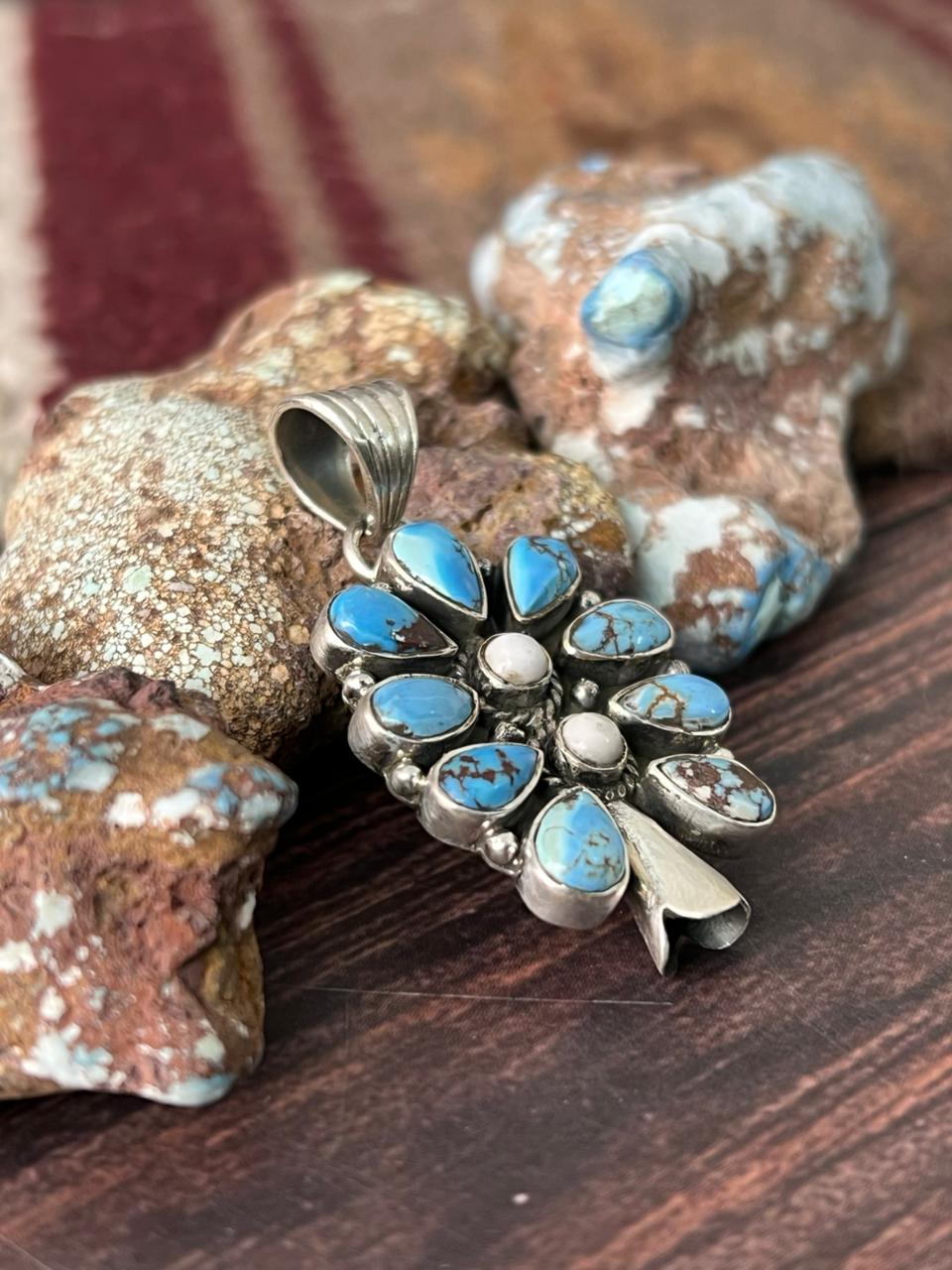 Handmade Sterling Silver Golden Hills and White Collection Blossom Pendant "Signed Nizhoni"