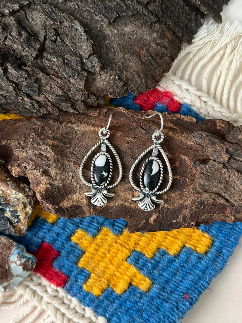 Handmade Sterling Silver White Buffalo Hook Dangle Earrings "Signed Nizhoni"