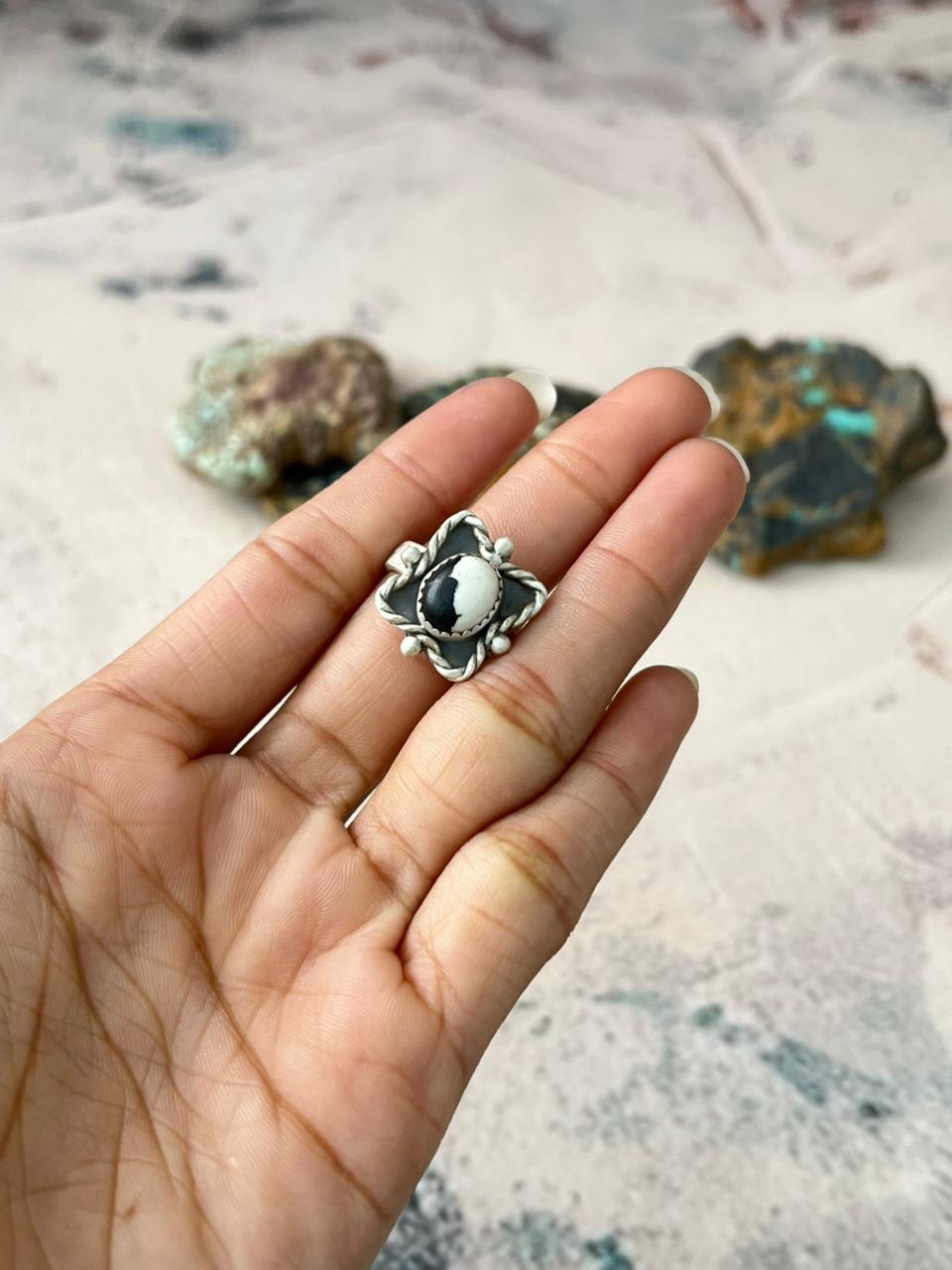 Handmade Sterling Silver White Buffalo Turquoise Adjustable Ring "Signed Nizhoni"