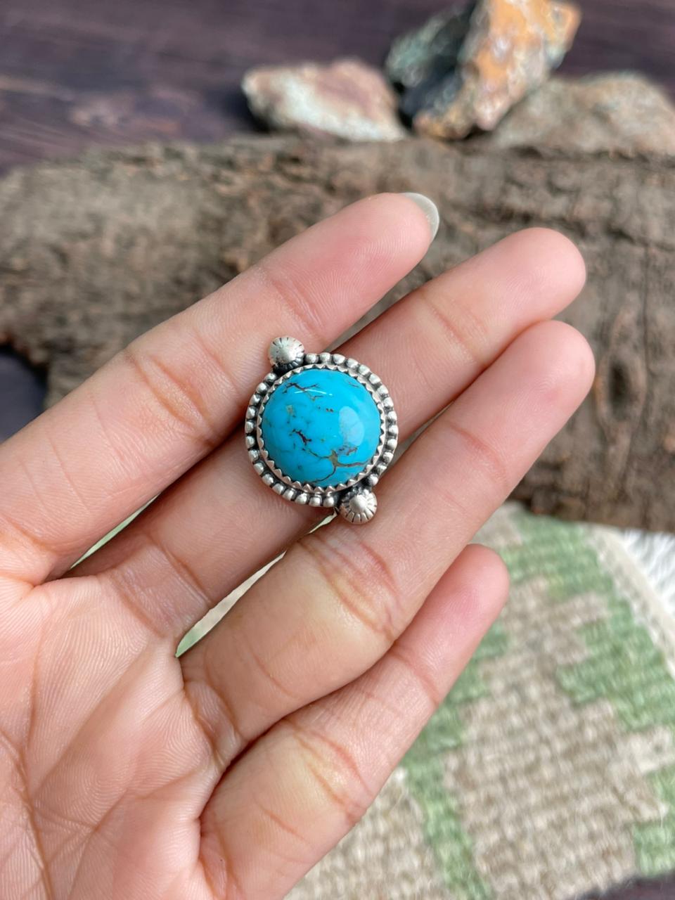 Handmade Sterling Silver Arizona Turquoise Adjustable Ring "Signed Nizhoni"