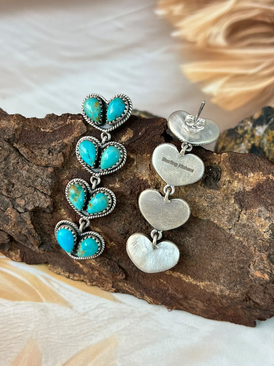 Handmade Sterling Silver Kingman Turquoise Post Dangle Heart Earrings Signed Nizhoni