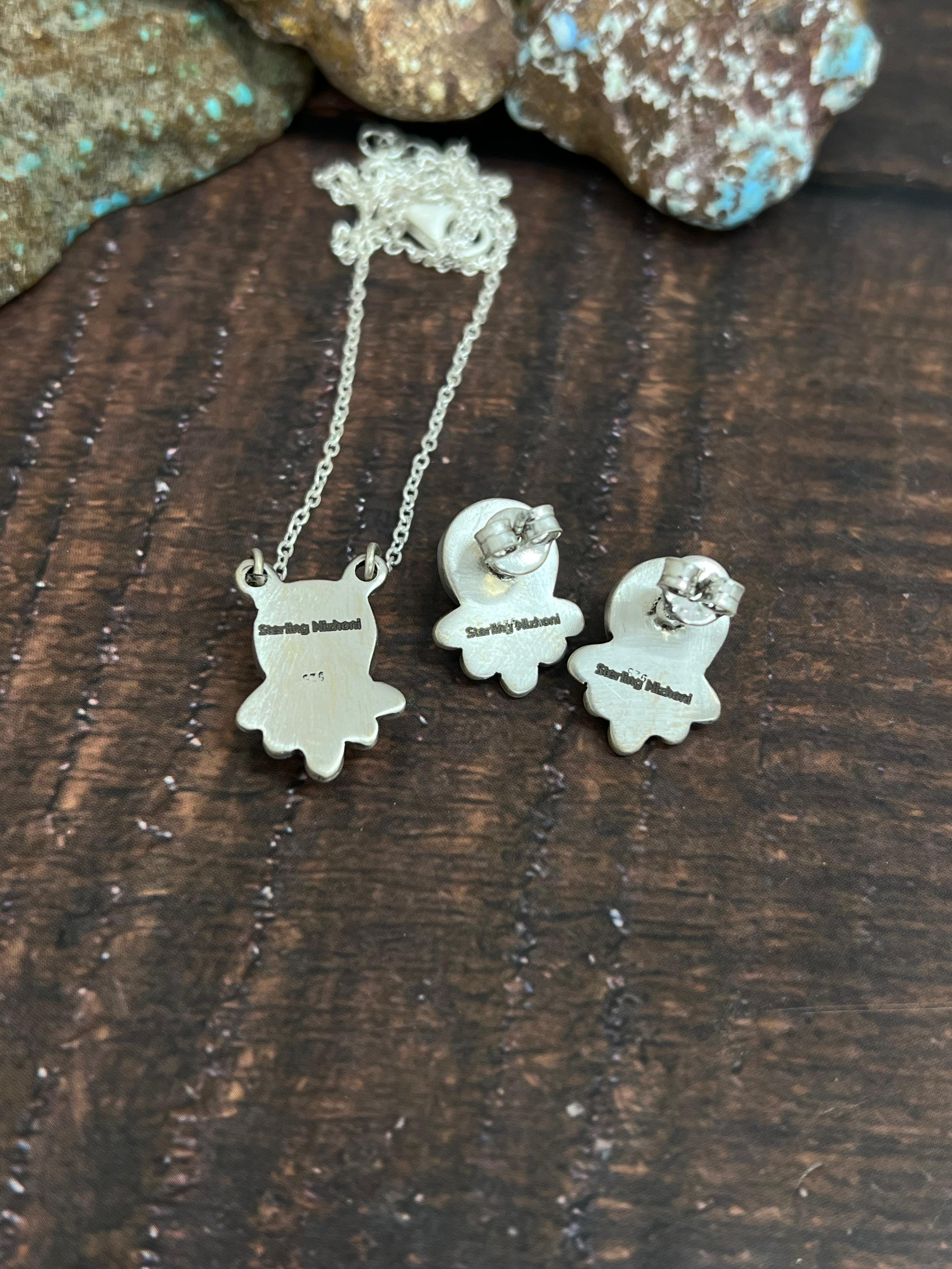 Handmade Sterling Silver Kingman Turquoise Necklace Earrings Set with Signed Nizhoni