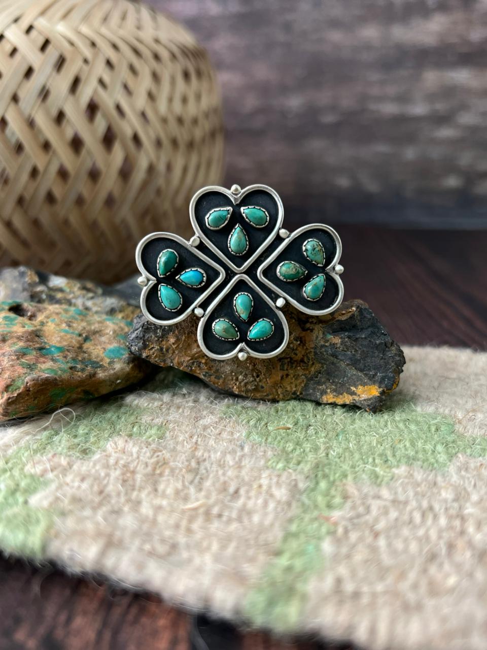 Handmade Sterling Silver Kingman Turquoise Flower Adjustable Ring "Signed Nizhoni"
