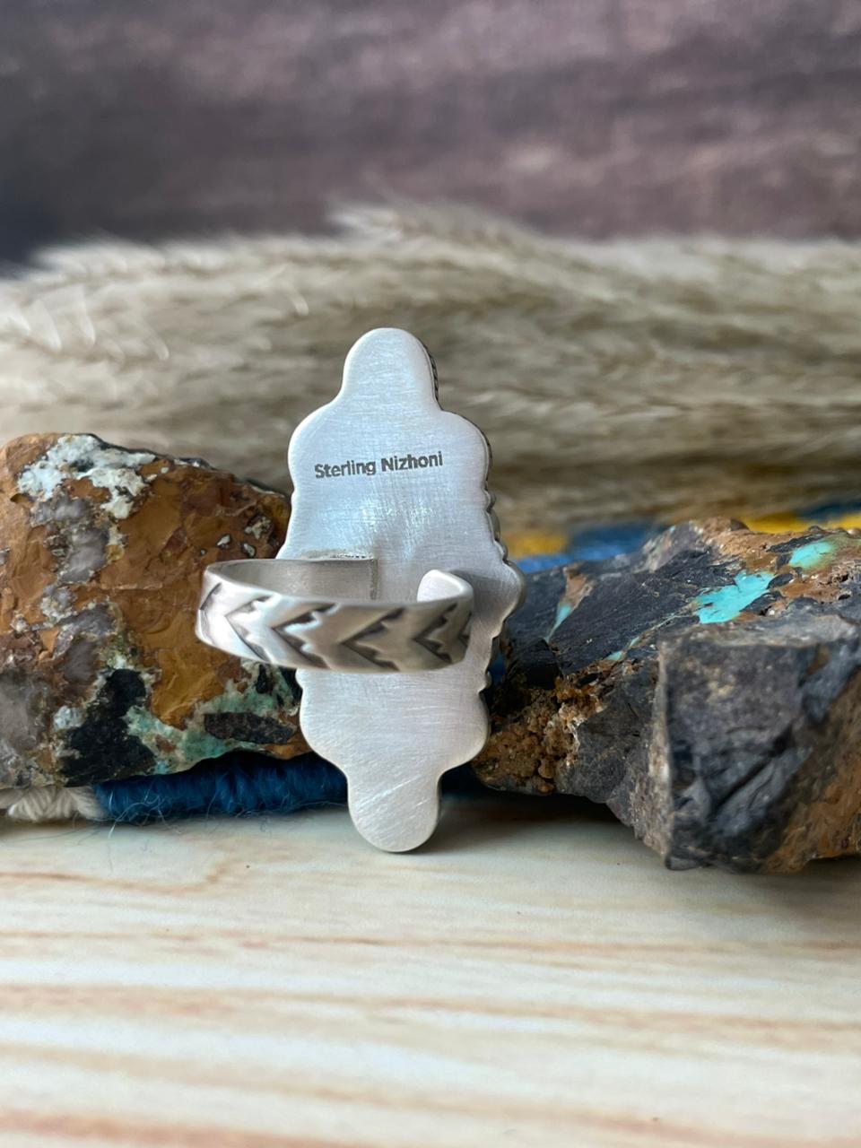 Handmade Sterling Silver Kingman with Orange Mojave Adjustable Ring "Signed Nizhoni"