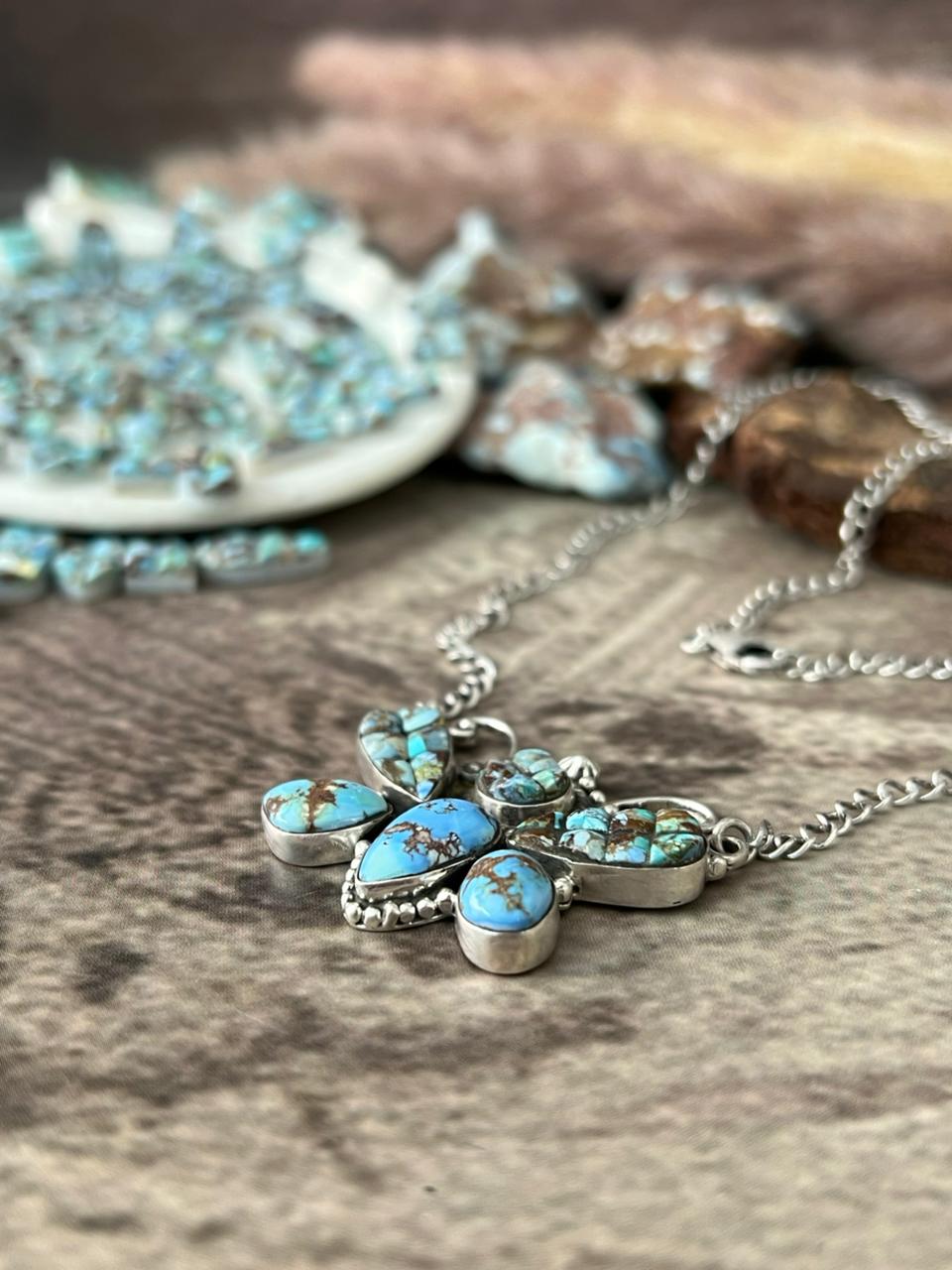 Handmade Sterling Silver 'Golden Hills Turquoise Cobble Collection' Butterfly Necklace "Signed Nizhoni"