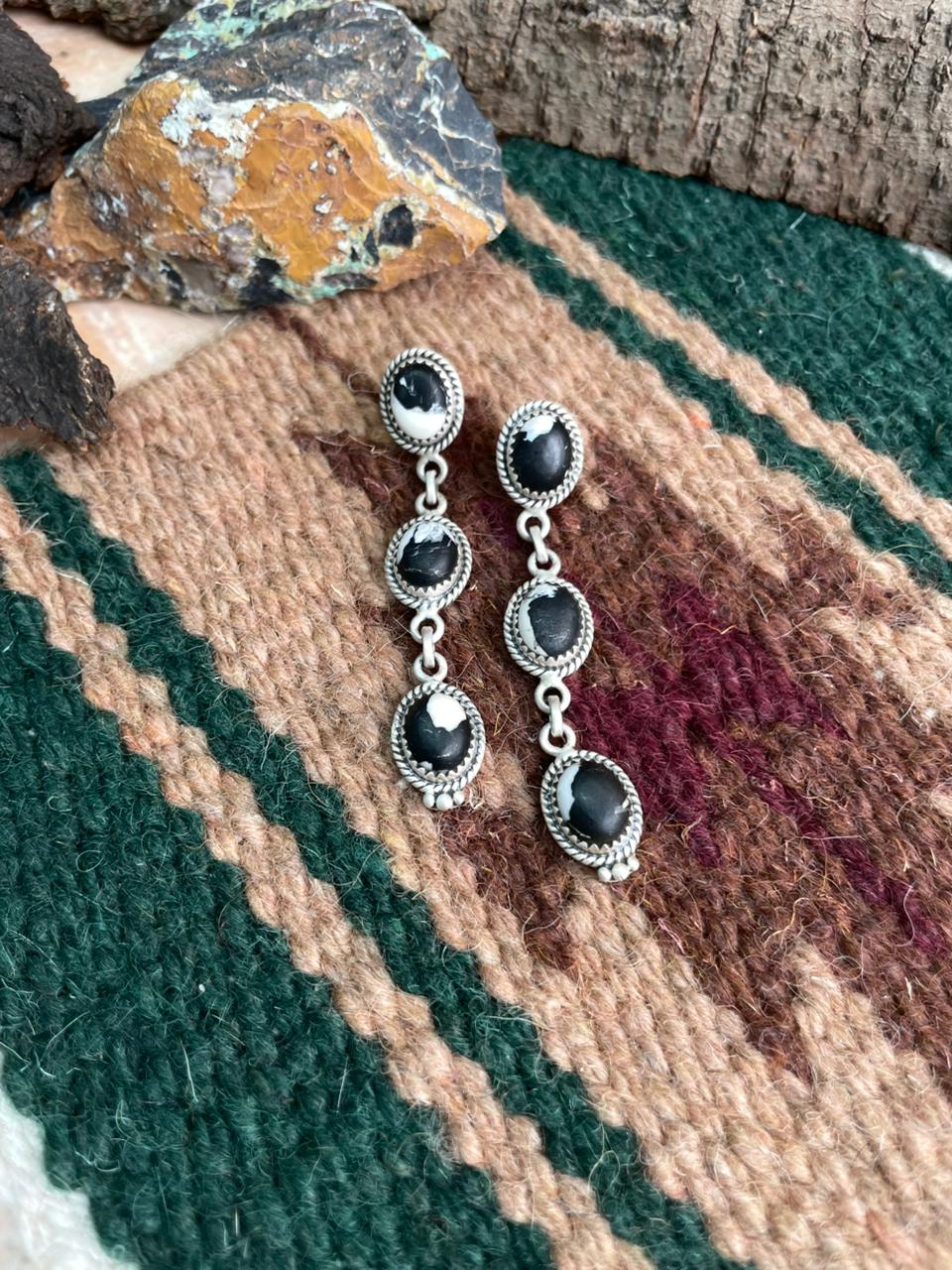 Handmade Sterling Silver White Buffalo Post Dangle Earrings "Signed Nizhoni"