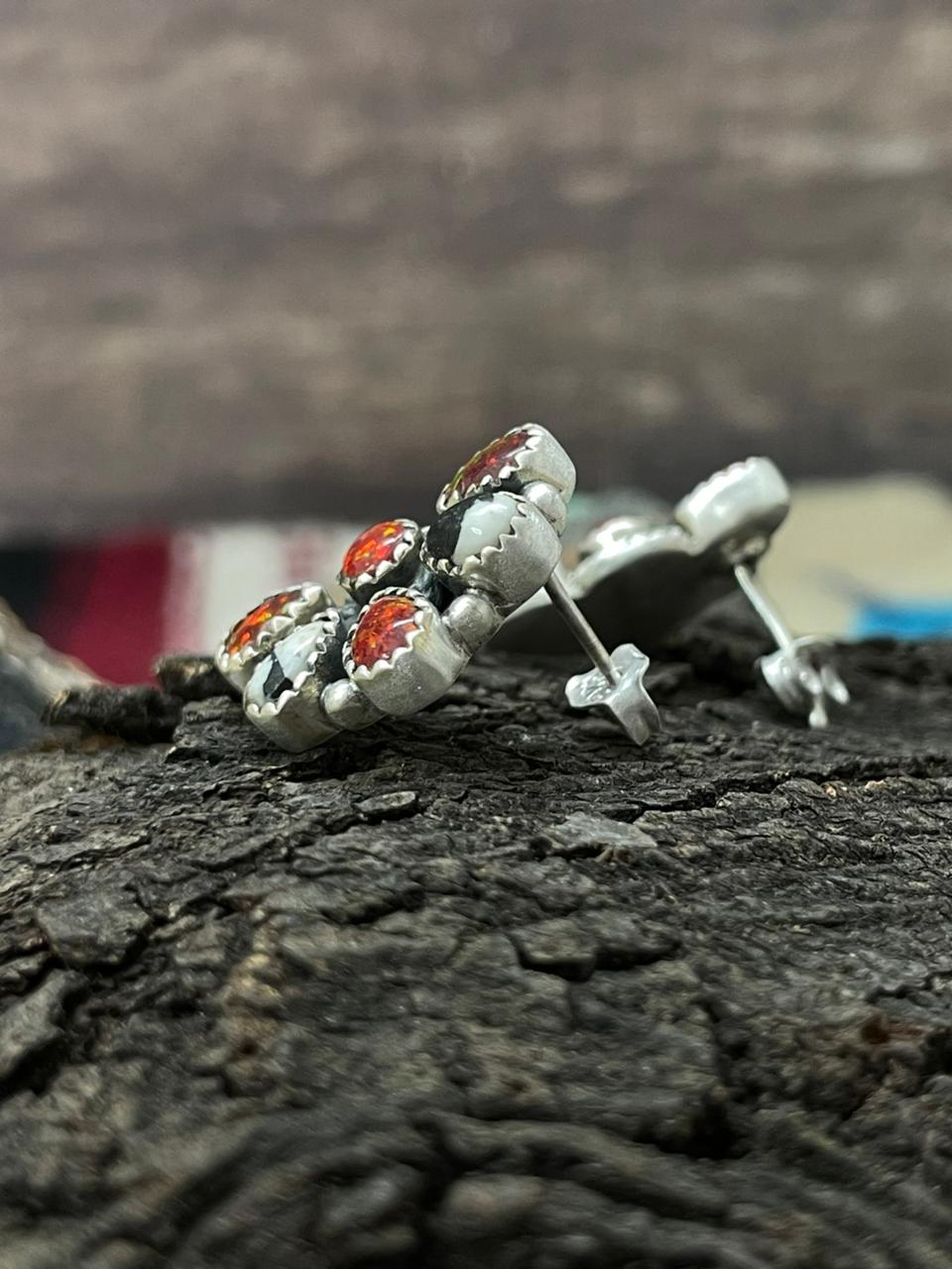"Christmas Collection" Handmade Sterling Silver White Buffalo with Red Opal Studs Earrings "Signed Nizhoni"
