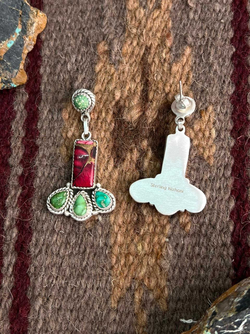 Handmade Sterling Silver Dahlia Rose with Emerald Valley Turquoise Post Earrings "Signed Nizhoni"