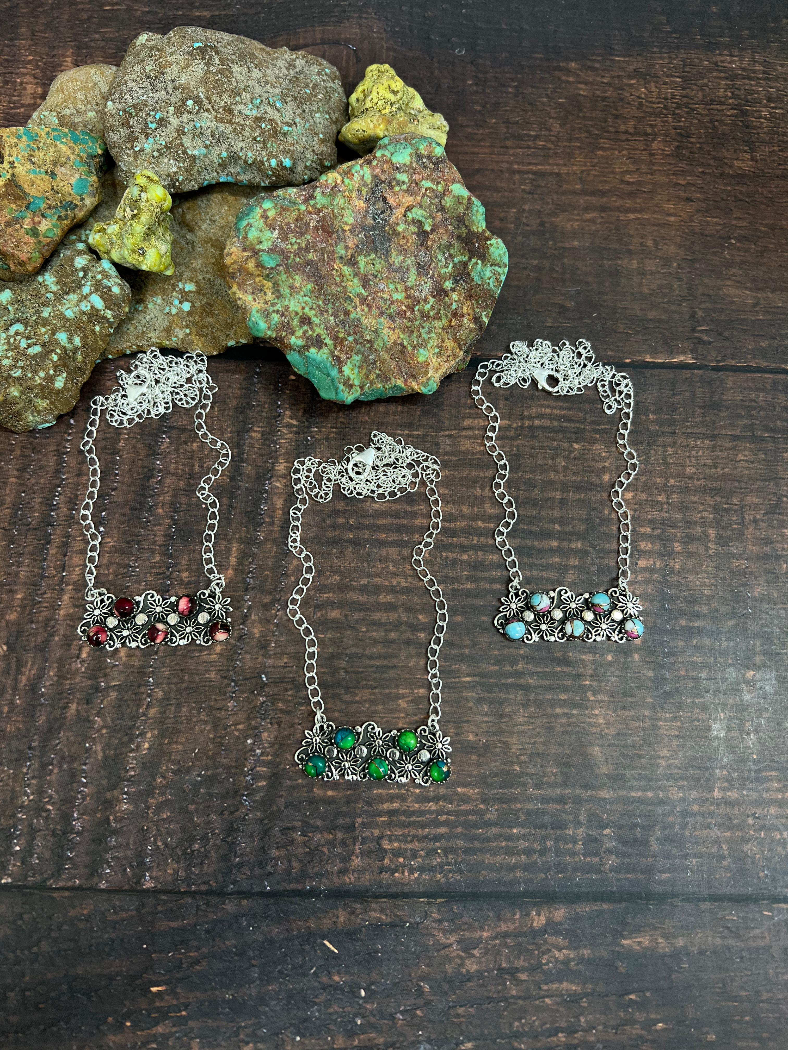 Handmade Sterling Silver Peacock Dahlia, Dahlia Rose, Cotton Candy Turquoise Necklace with Signed Nizhoni