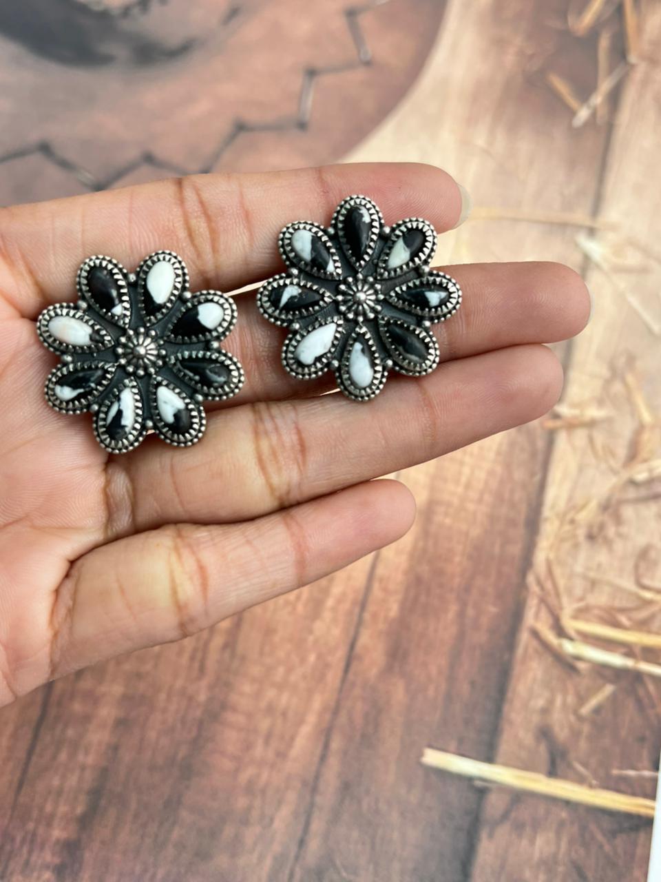 Handmade Sterling Silver White Buffalo Post Studs Earrings "Signed Nizhoni"