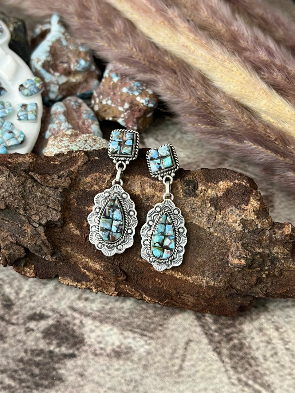 Handmade Sterling Silver Golden Hills Cobble Collection Post Dangle Earrings "Signed Nizhoni"