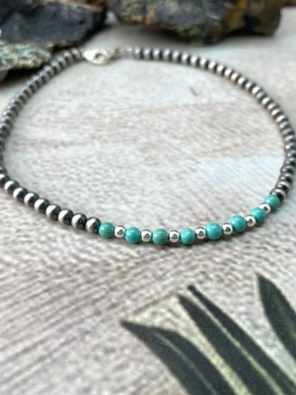 Handmade Sterling Silver Beaded Kingman Turquoise Hat Band