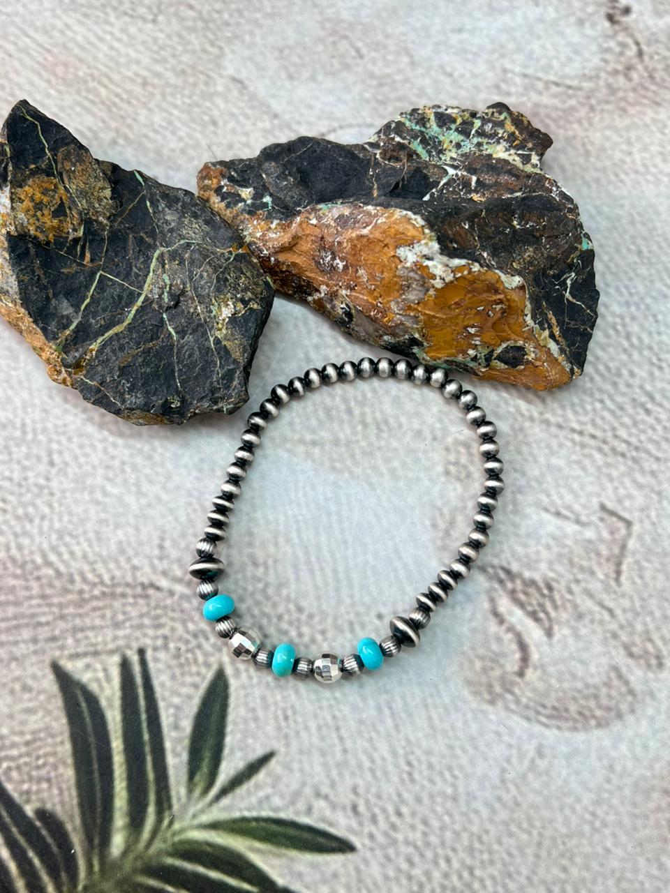 Handmade Sterling Silver Beaded Kingman Turquoise Bracelet